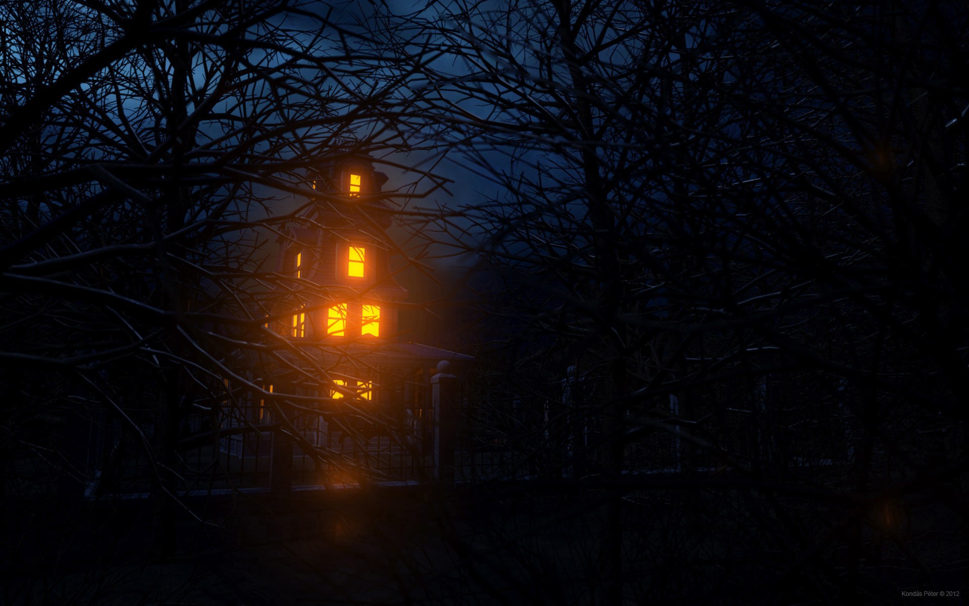 Download mobile wallpaper Dark, Light, Tree, House, Creepy, Man Made for free.