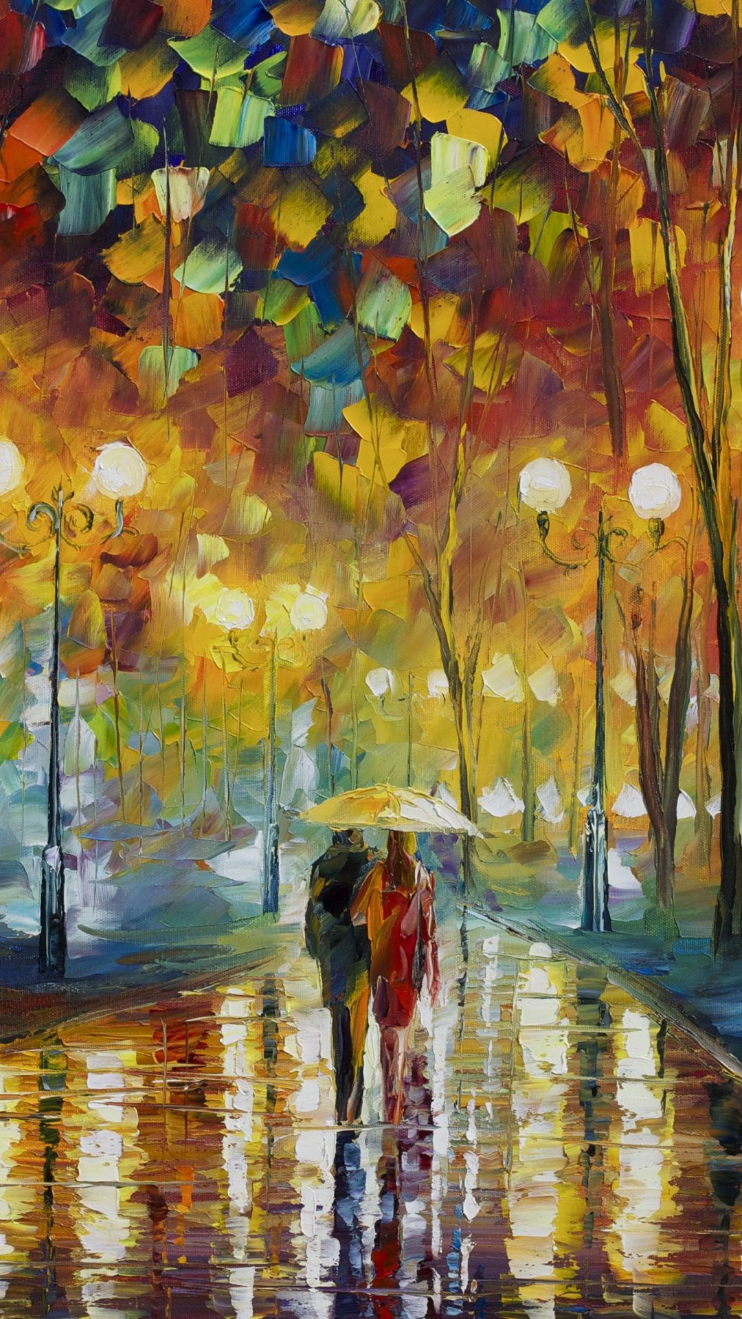 Download mobile wallpaper Rain, Night, Park, Couple, Painting, Artistic for free.