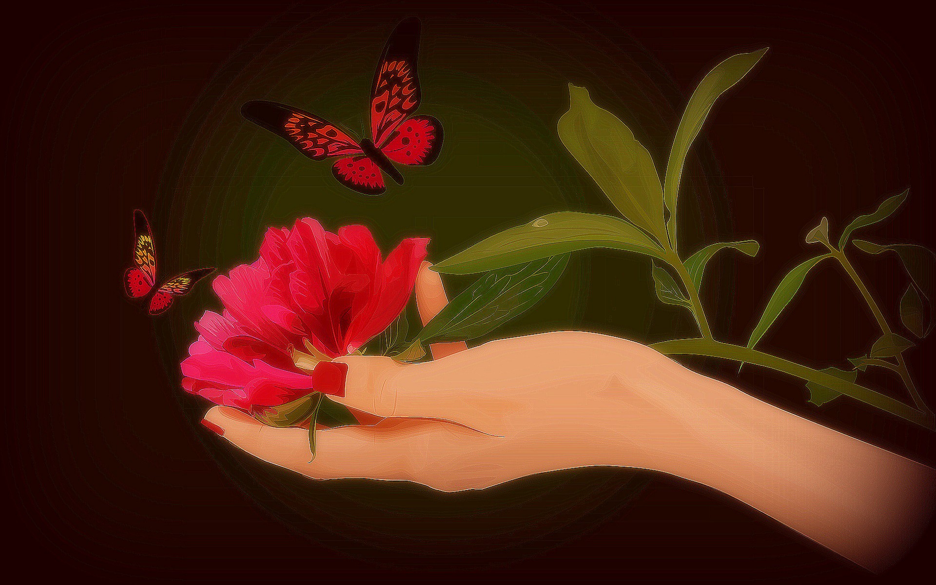 PCデスクトップに蝶, 花, 手, 芸術的, ピンクの花画像を無料でダウンロード
