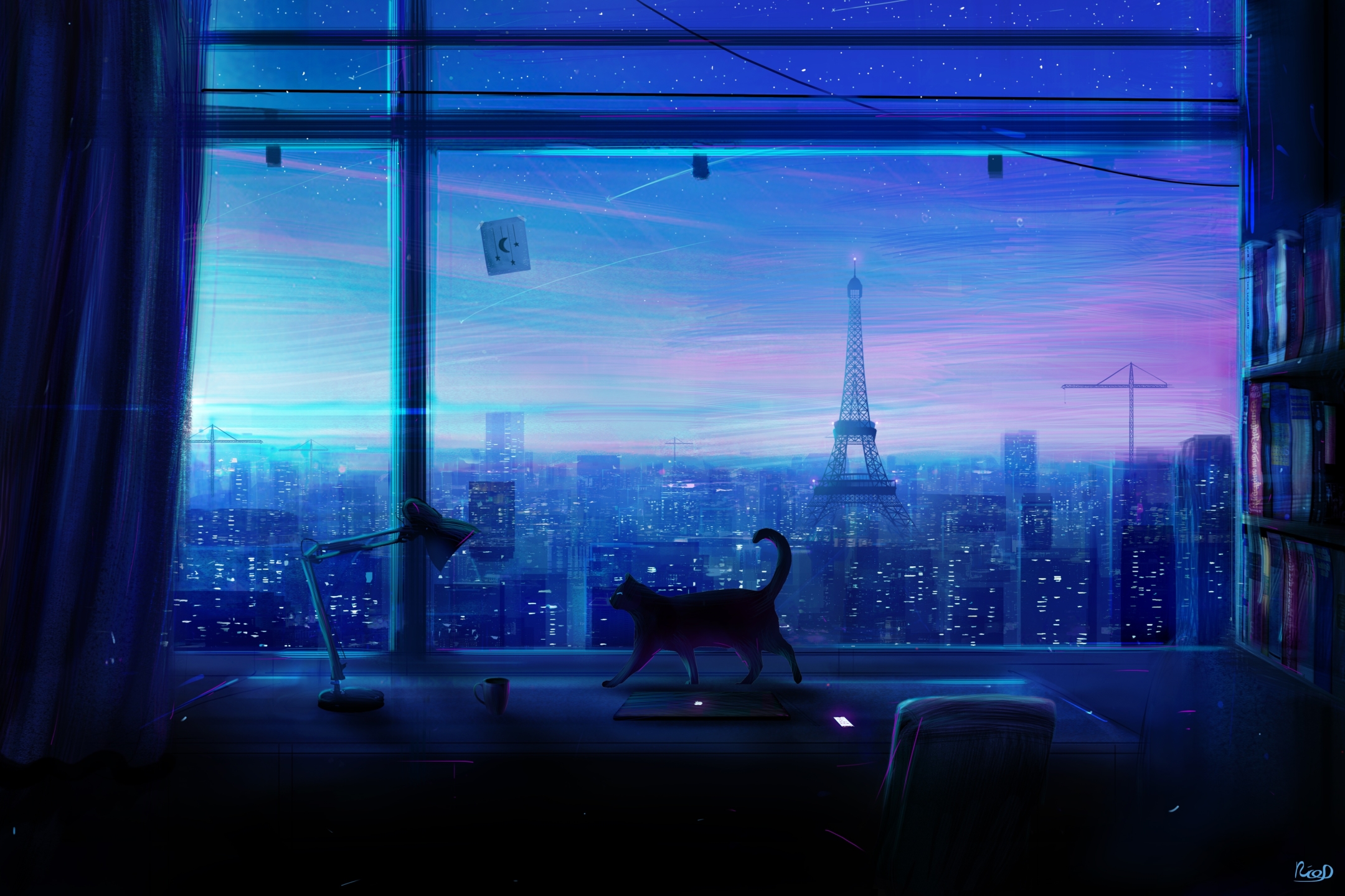 Free download wallpaper Anime, Sky, Stars, City, Cat on your PC desktop