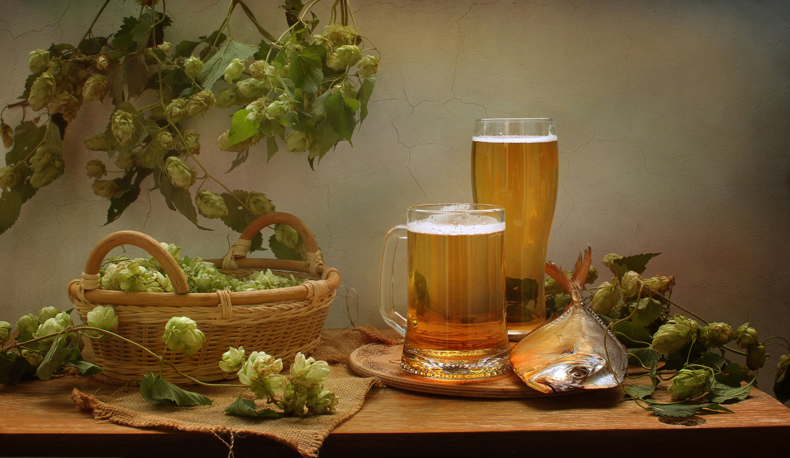 Download mobile wallpaper Food, Beer, Still Life, Glass, Fish for free.