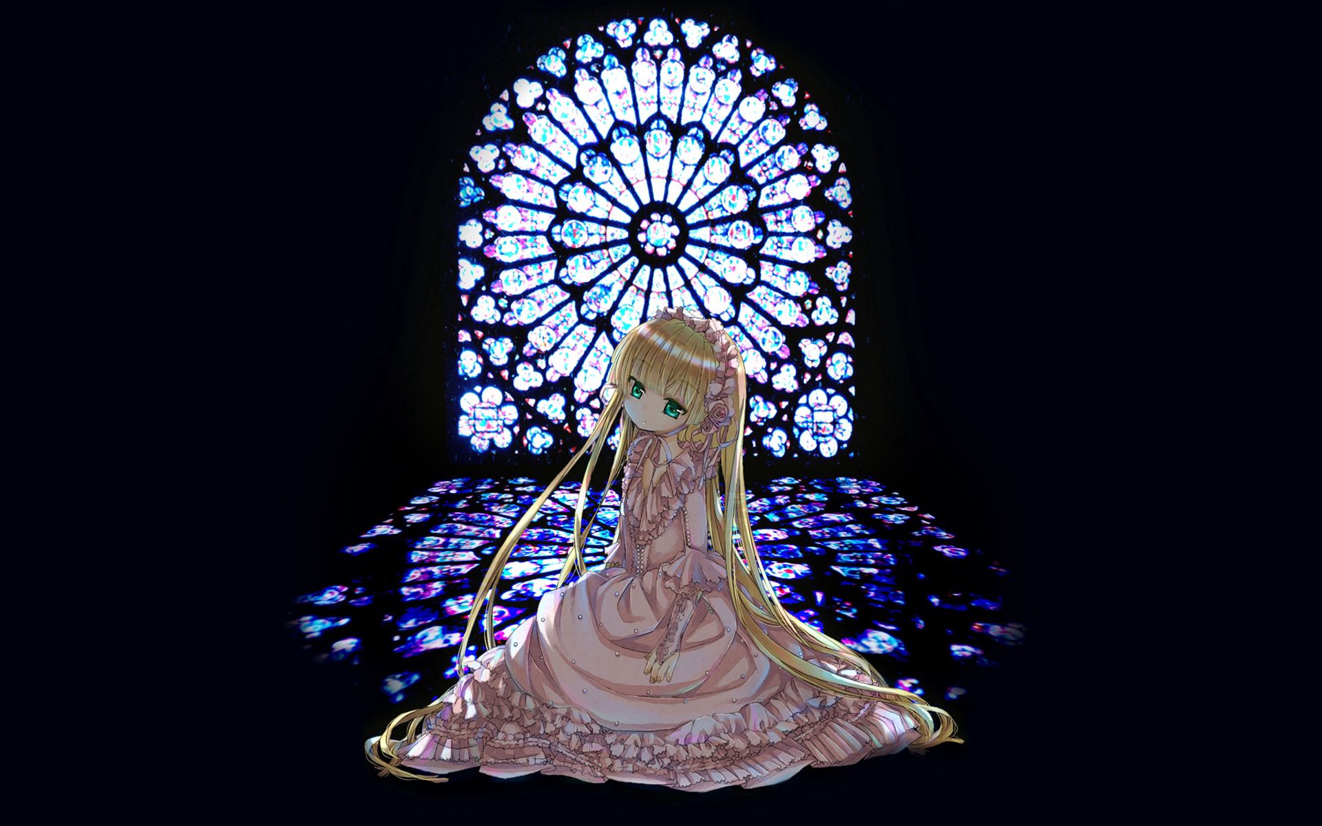 girl, anime, window, dress, stained glass, curtain wall