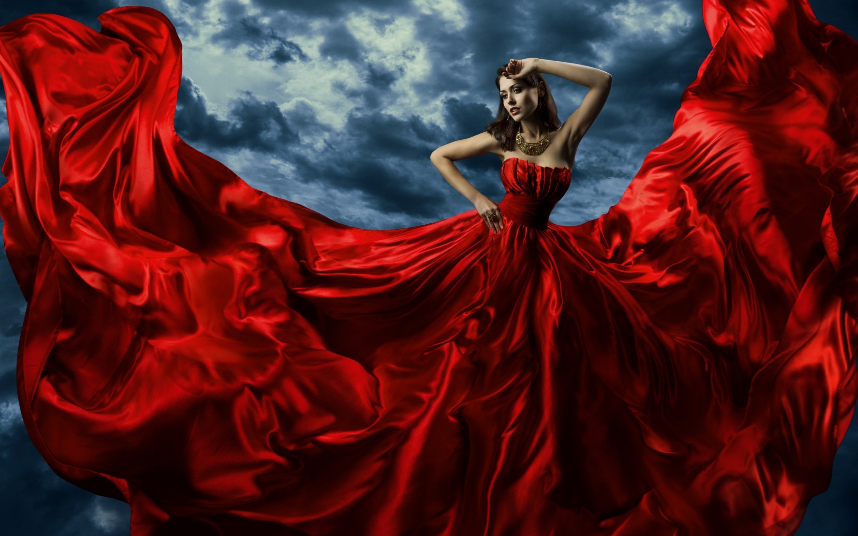無料モバイル壁紙芸術的, モデル, 女性, クラウド, 赤いドレスをダウンロードします。