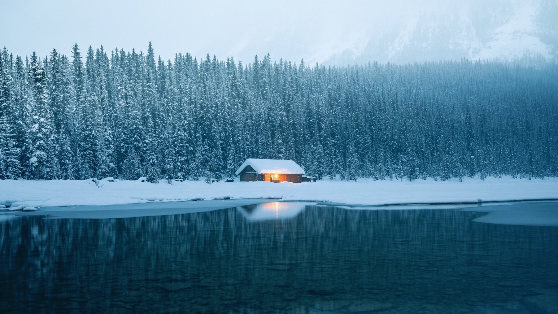 Download mobile wallpaper Winter, Snow, Lake, Tree, Cabin, Man Made for free.