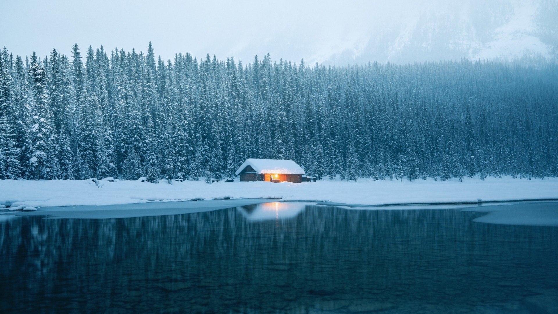 Baixar papel de parede para celular de Inverno, Neve, Lago, Árvore, Cabana, Feito Pelo Homem gratuito.