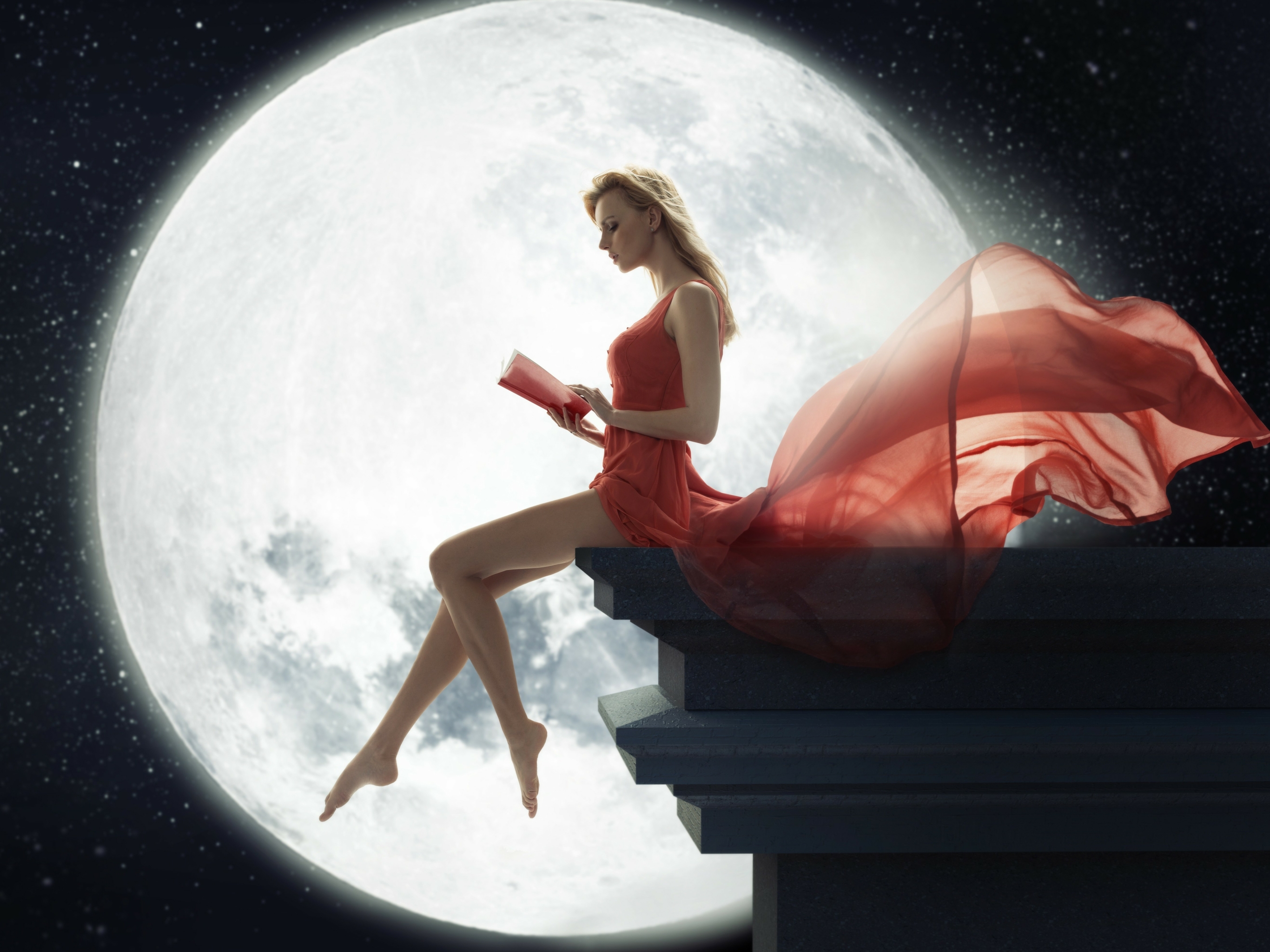 Free download wallpaper Fantasy, Moon, Blonde, Women, Red Dress on your PC desktop