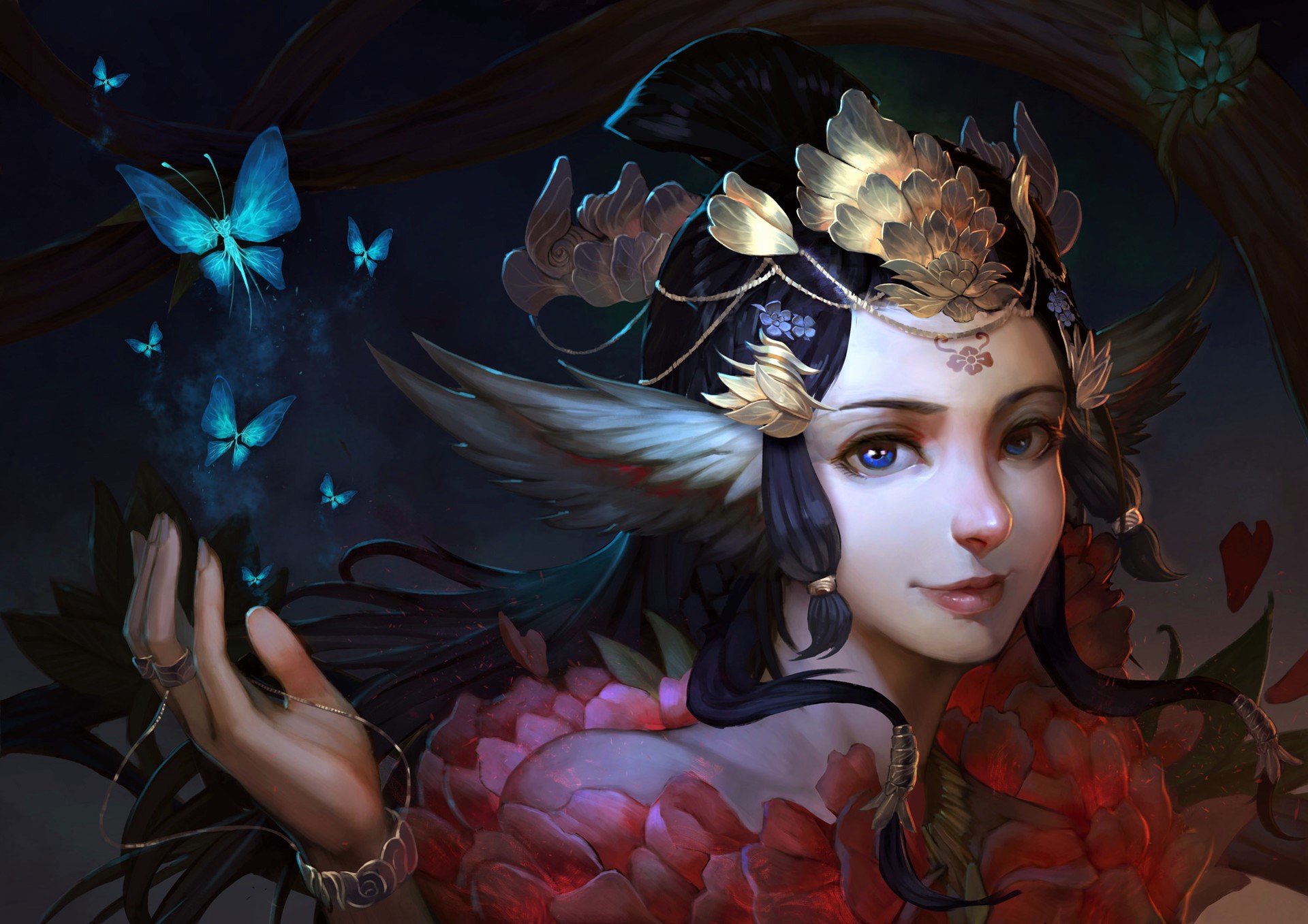 Free download wallpaper Fantasy, Crown, Butterfly, Fairy, Blue Eyes, Purple Hair on your PC desktop