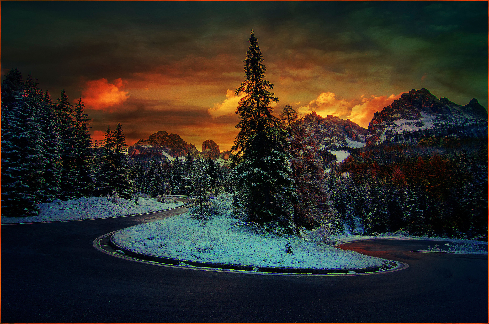 Download mobile wallpaper Winter, Sunset, Snow, Mountain, Road, Tree, Man Made for free.