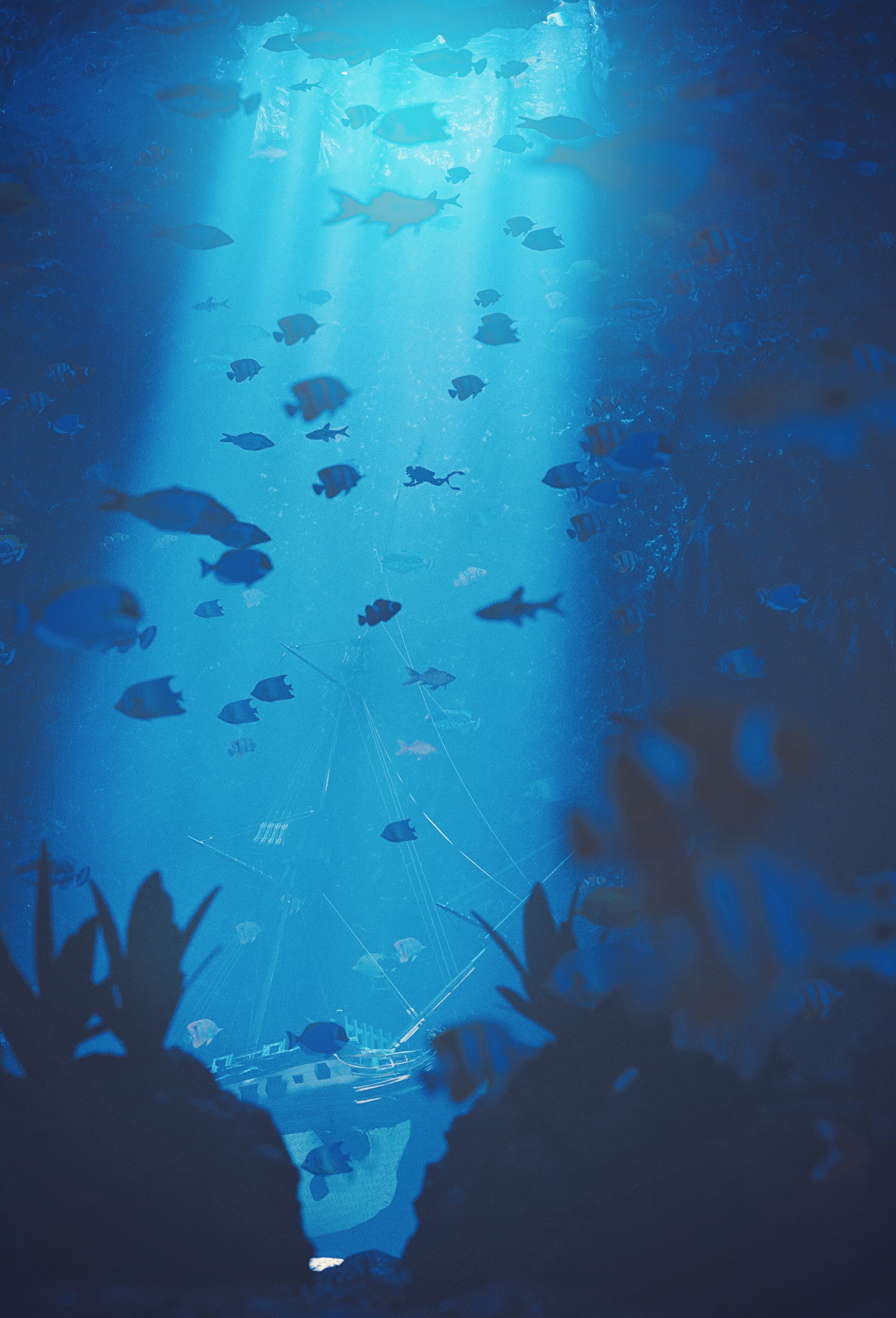 underwater, art, diving, depth, bottom, fishes, under water, ray of light, beam of light HD wallpaper