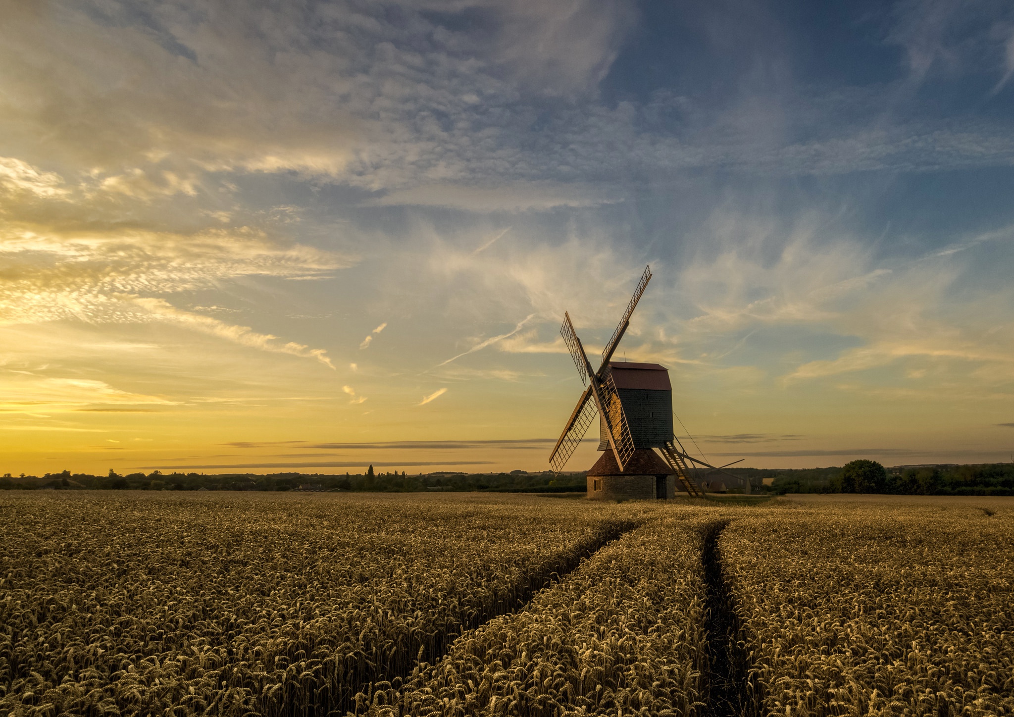 Laden Sie das Sommer, Weizen, Feld, Windmühle, Himmel, Menschengemacht-Bild kostenlos auf Ihren PC-Desktop herunter