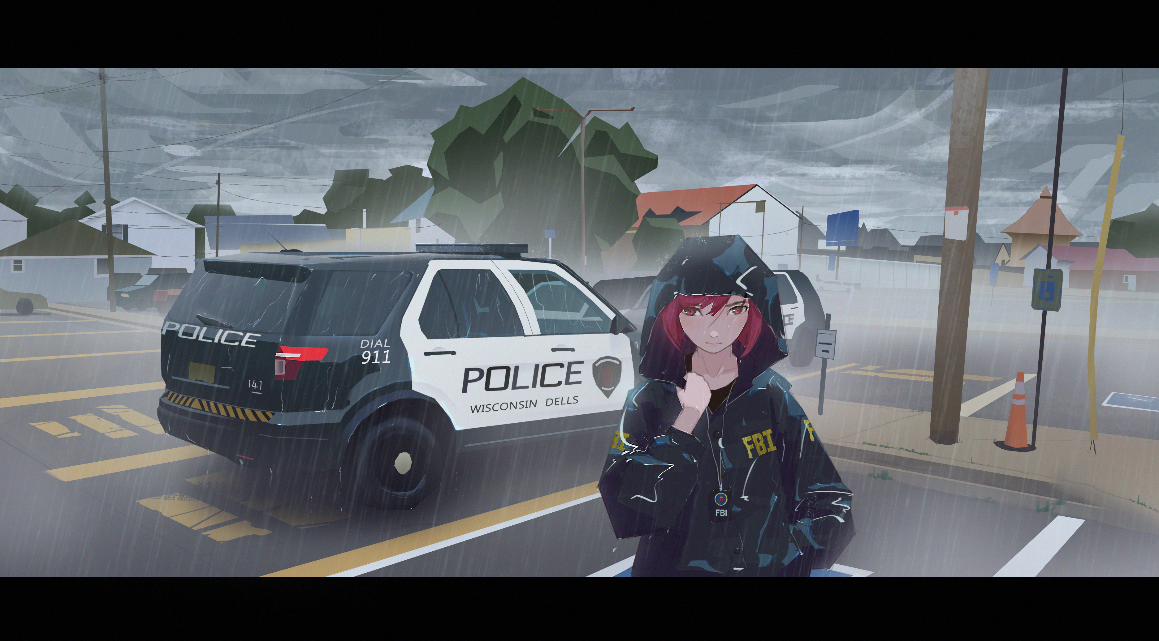 anime, original, fbi, police car, red eyes, red hair