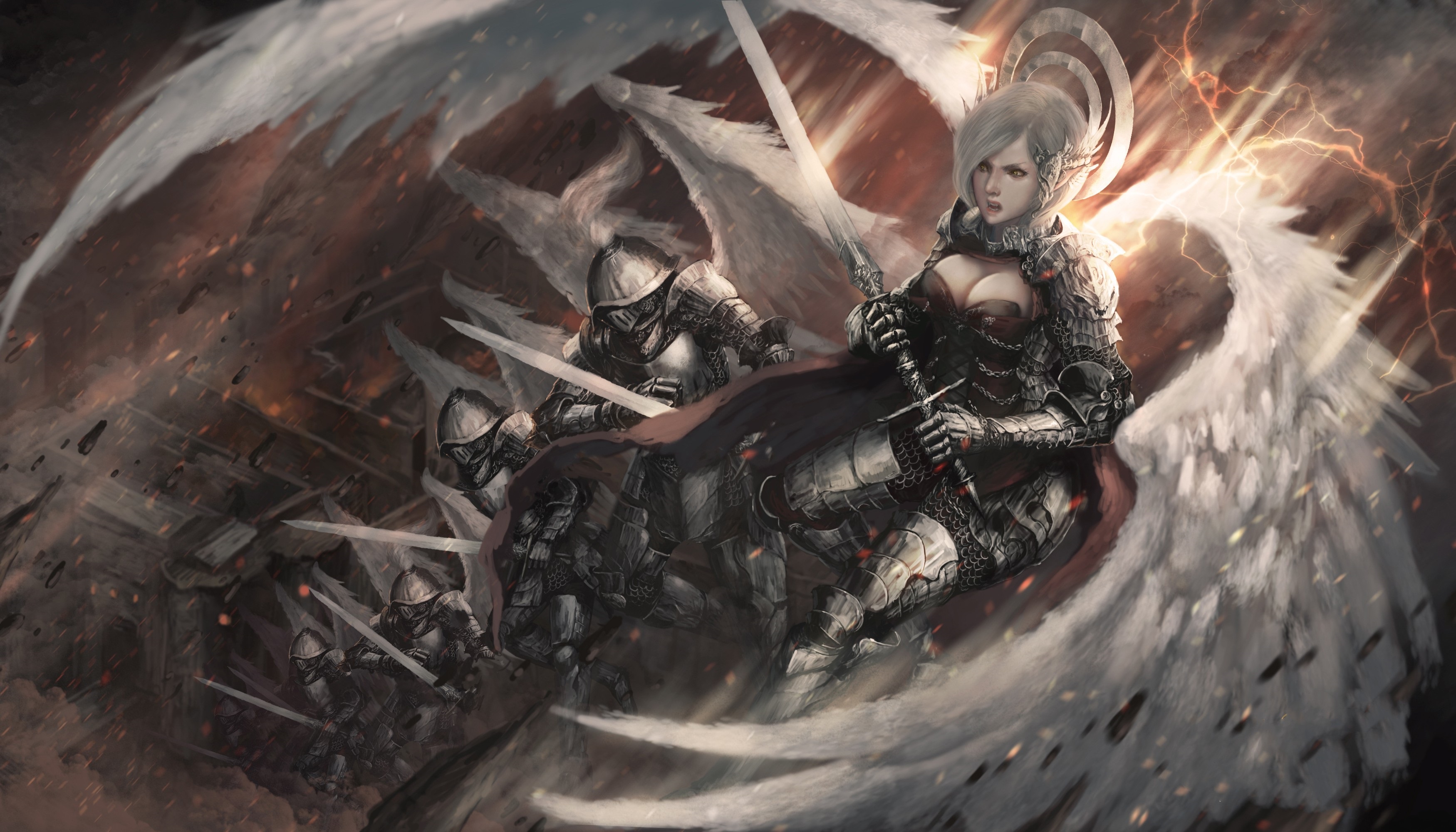 Download mobile wallpaper Fantasy, Wings, Armor, Sword, Pointed Ears, White Hair, Angel Warrior for free.