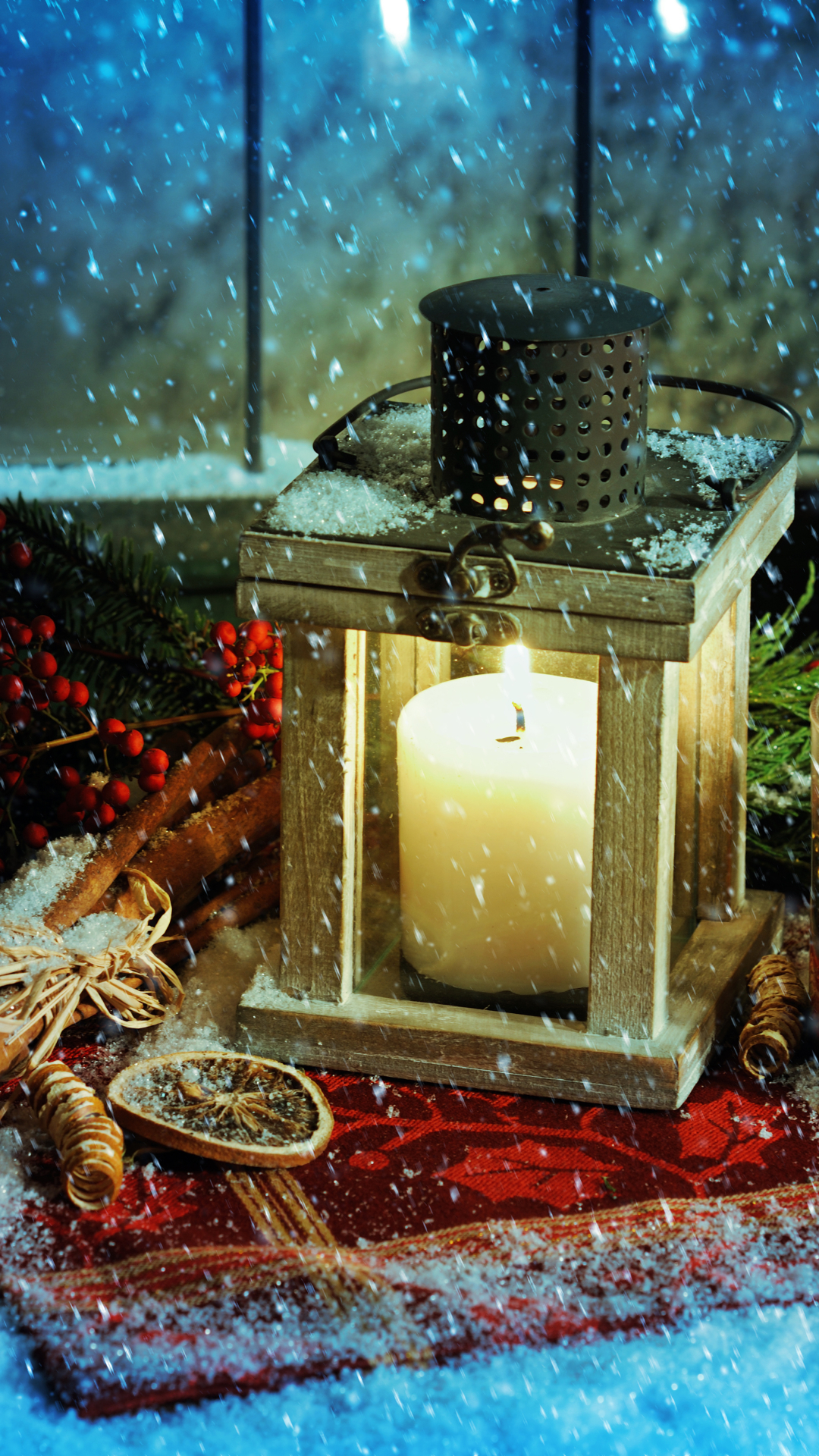 Download mobile wallpaper Winter, Christmas, Holiday, Candle, Snowfall for free.