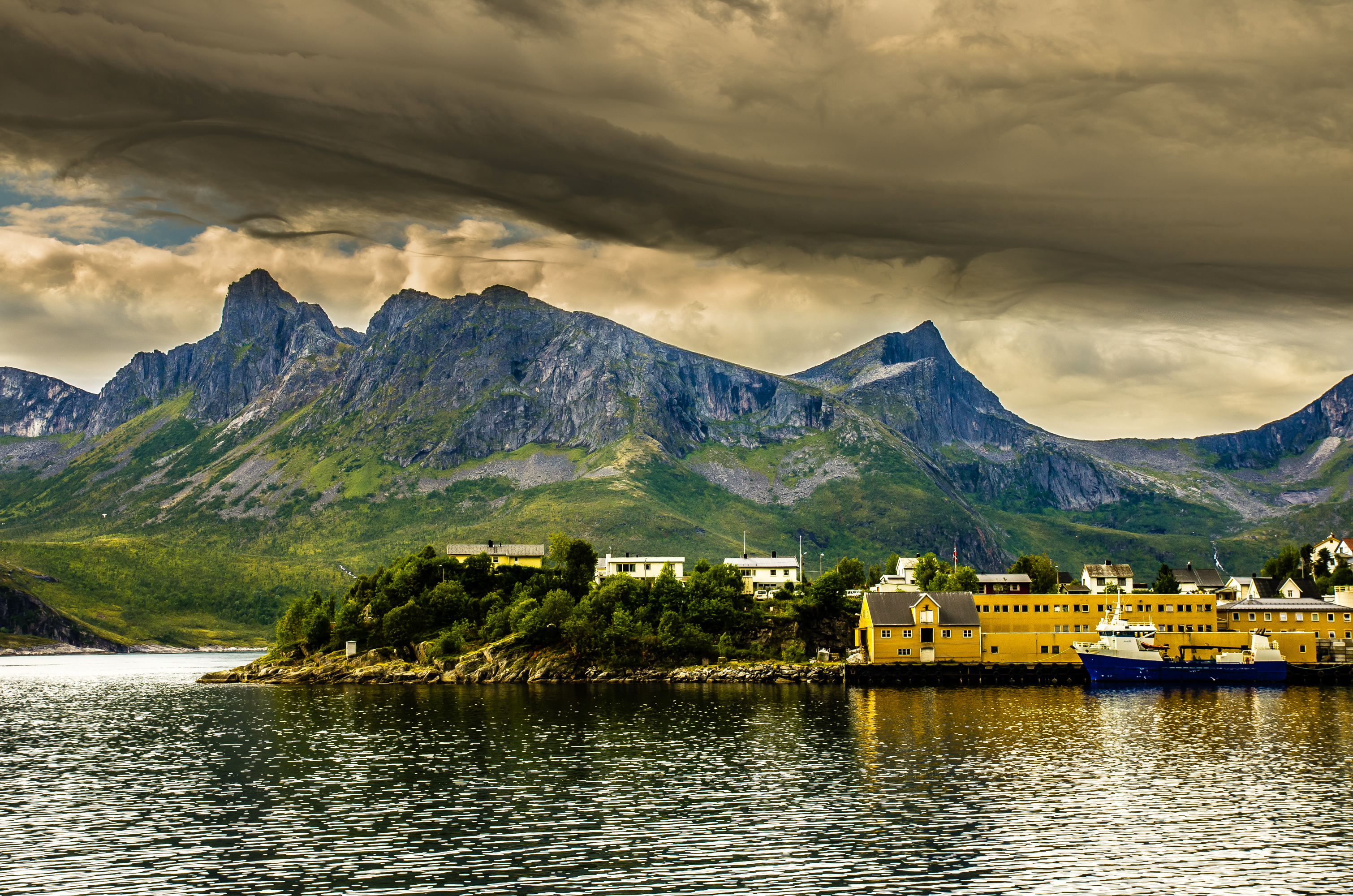 Download mobile wallpaper Wharf, Bay, Nature, Pier, Mountains, Norway, Ford, Hdr for free.