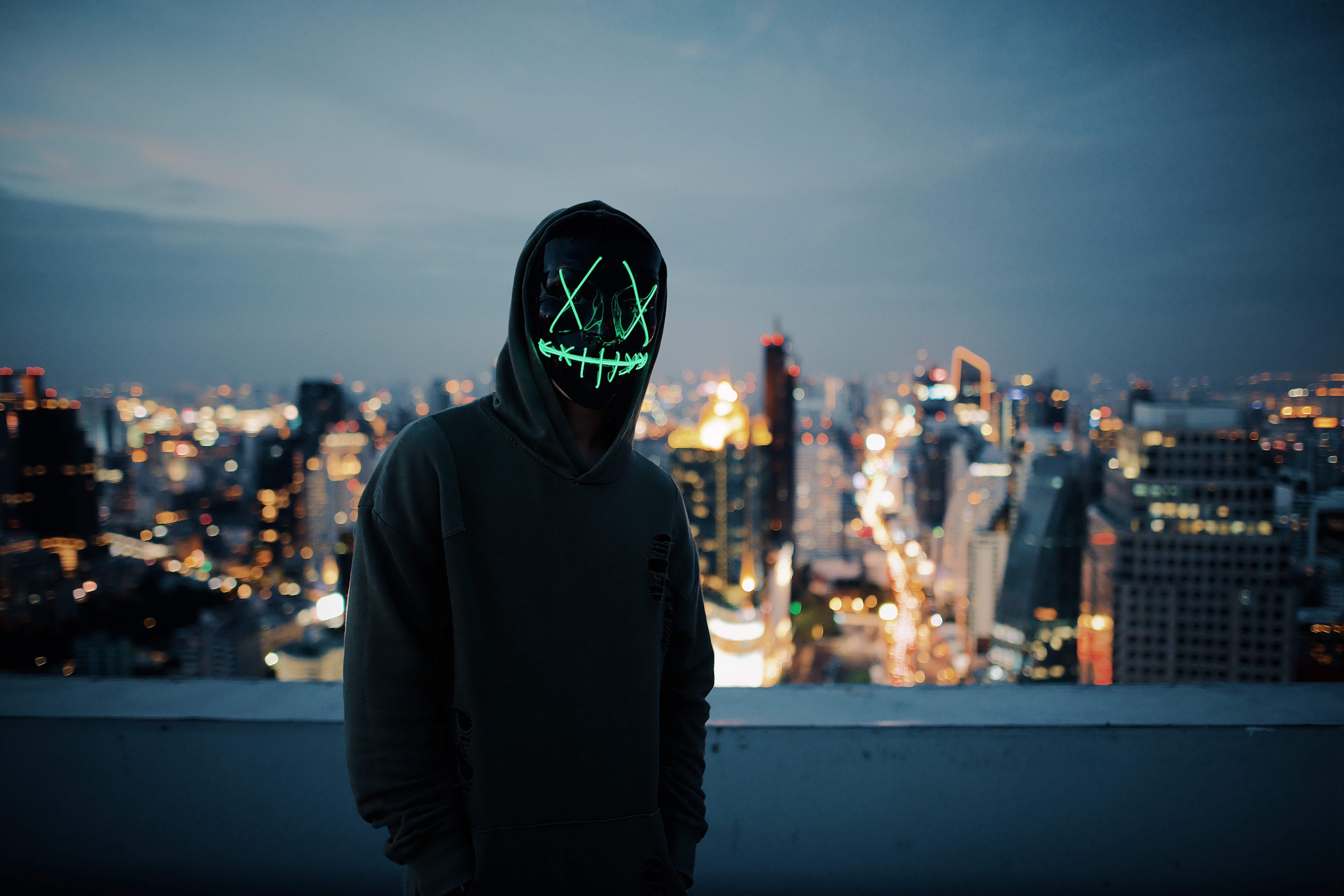 mask, hoodies, anonymous, dark, city, glow, hoodie, hood HD wallpaper