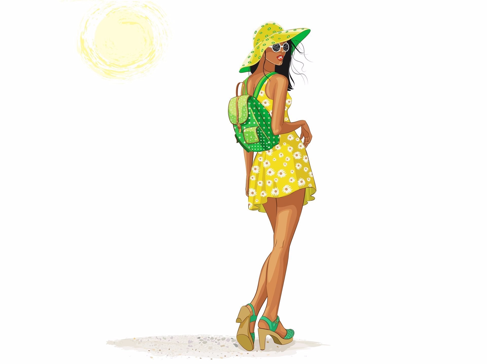 Download mobile wallpaper Sun, Summer, Artistic, Hat, Dress, Sunglasses, Women for free.