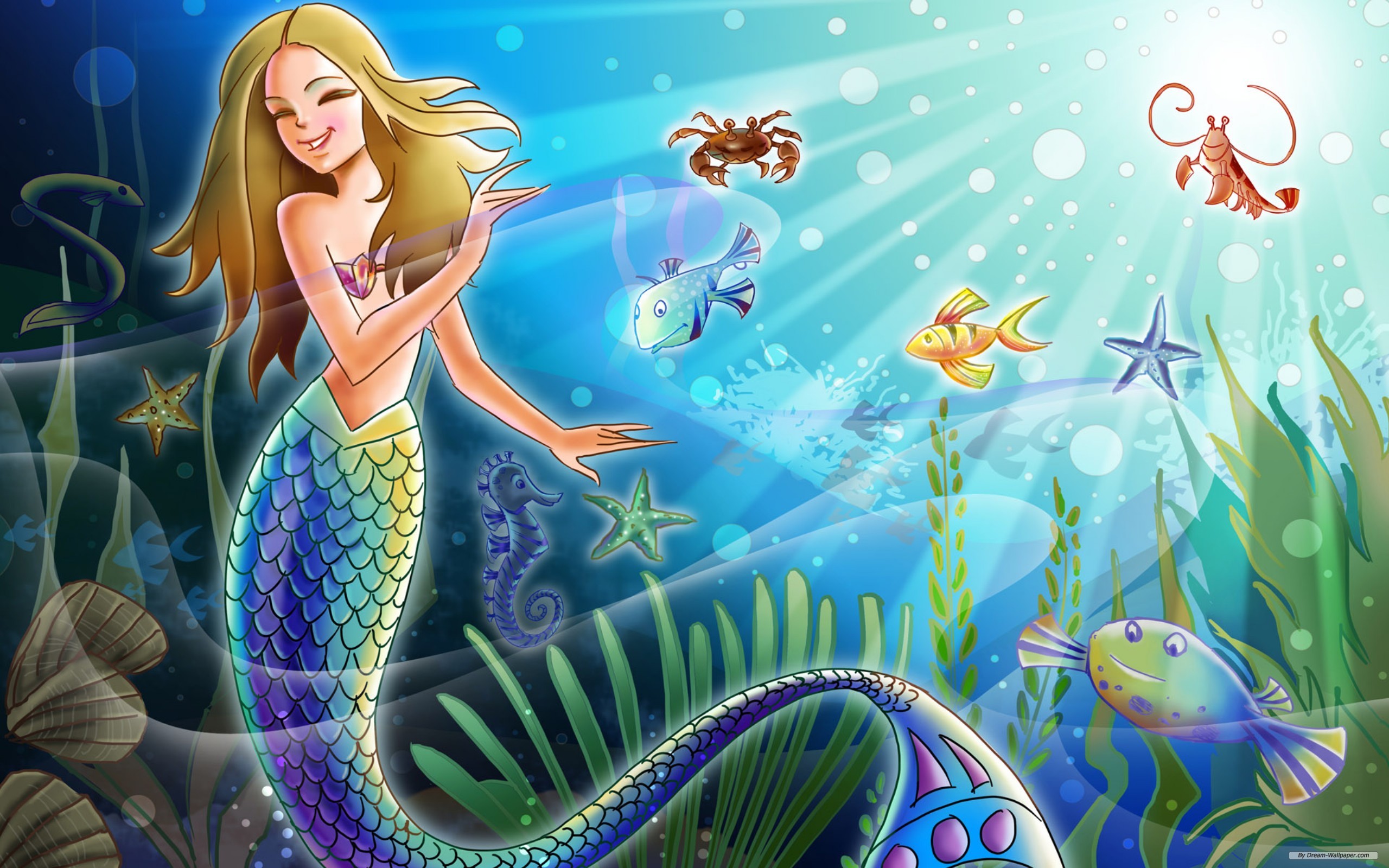 175006 Hintergrundbild herunterladen fantasie, meerjungfrau, krabbe, fisch, hummer, seestern, unterwasser - Bildschirmschoner und Bilder kostenlos