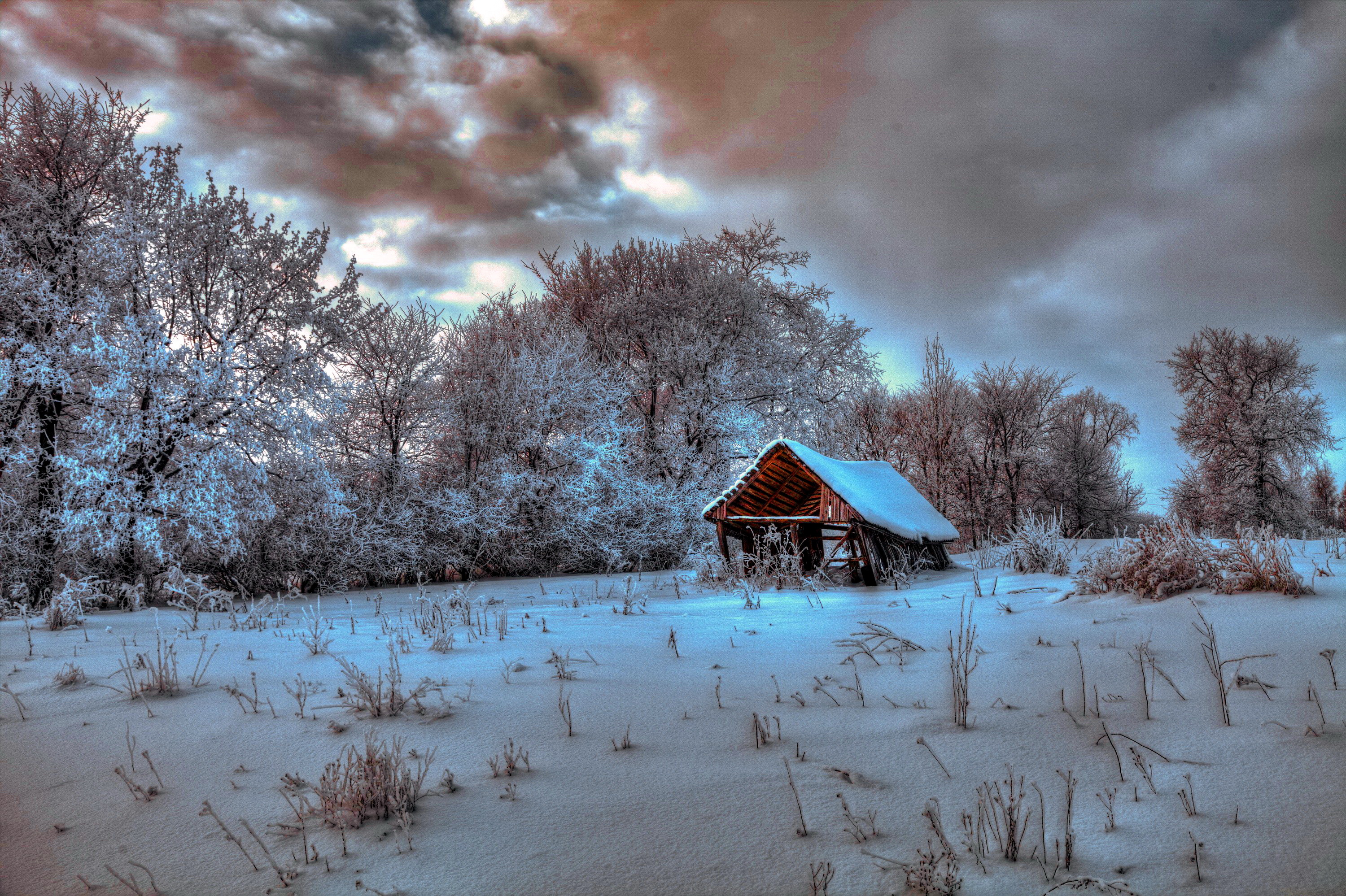 man made, shack, cloud, field, snow, tree, winter