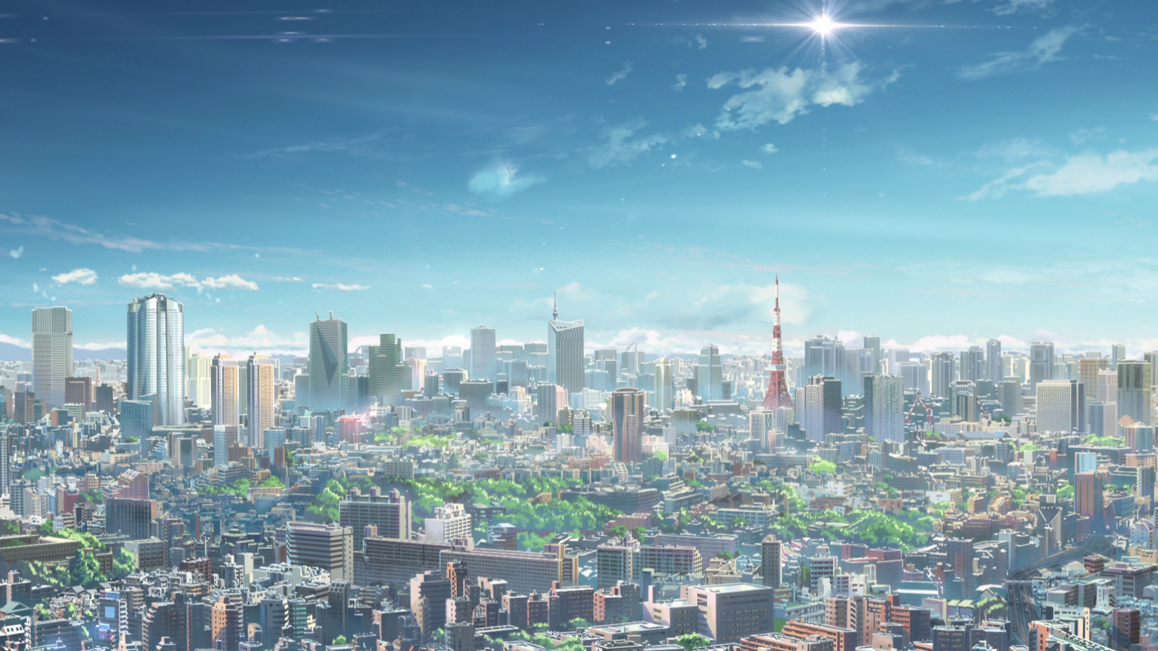 856382画像をダウンロード東京タワー, 君の名は。, 東京, アニメ, あなたの名前。, 空, スカイライン, 太陽-壁紙とスクリーンセーバーを無料で