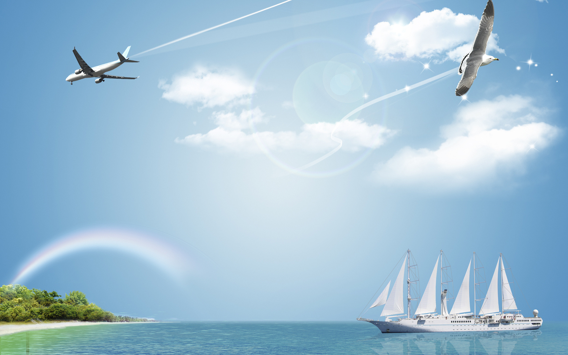 Free download wallpaper Rainbow, Ship, Cloud, Photography, Magical, Cgi, Manipulation on your PC desktop