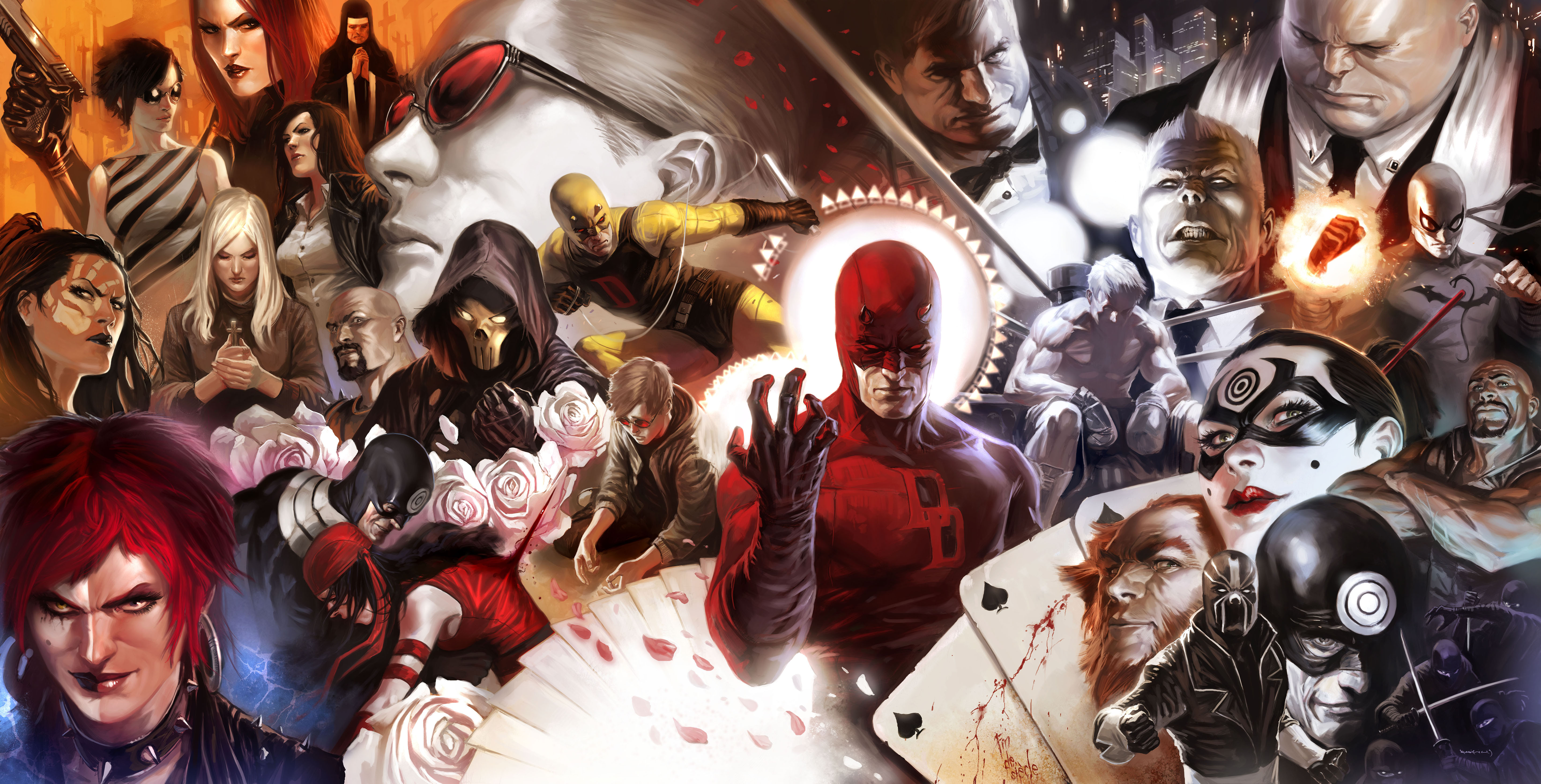 daredevil, comics, collage, bullseye (marvel comics), elektra (marvel comics), iron fist (marvel comics)