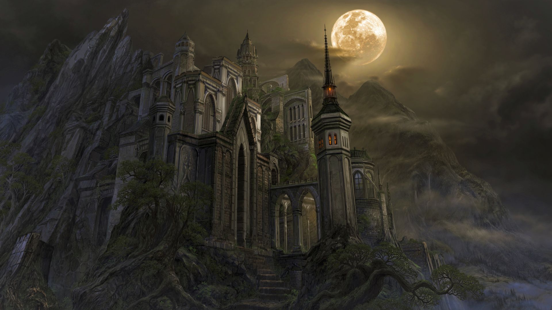 Free download wallpaper Fantasy, Night, Moon, Castles, Mountain, Fog, Castle on your PC desktop