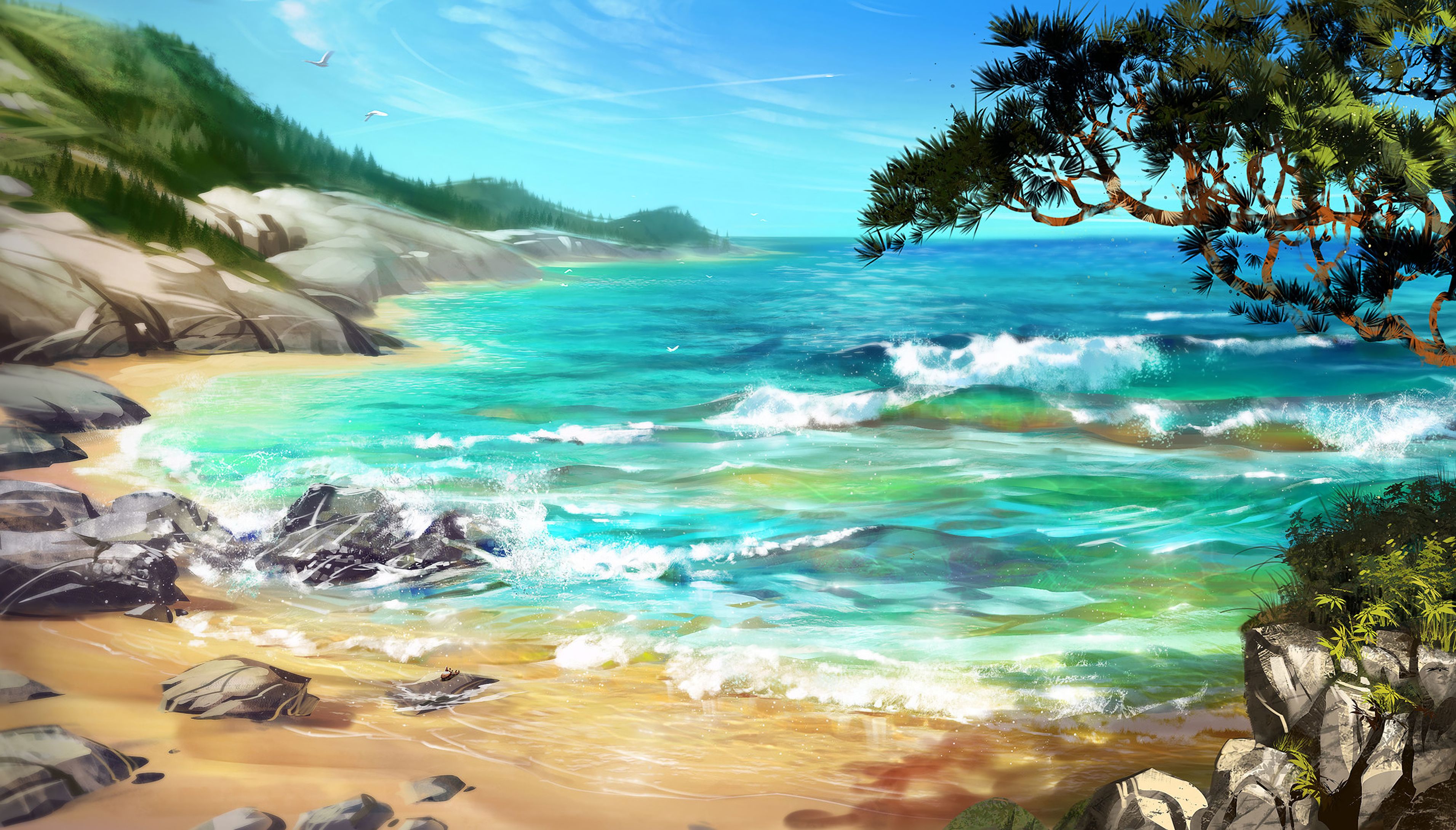 Download mobile wallpaper Surf, Trees, Rocks, Sea, Art for free.