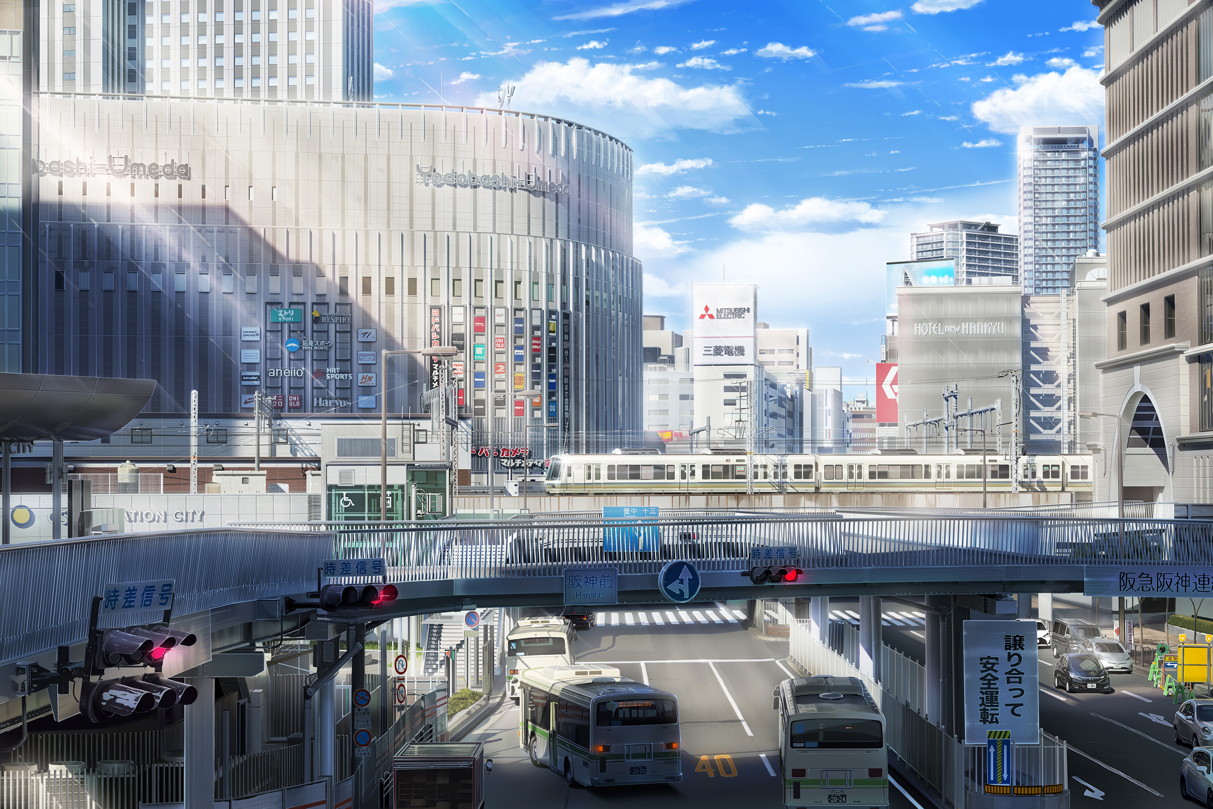 Laden Sie das Gebäude, Bus, Animes, Großstadt-Bild kostenlos auf Ihren PC-Desktop herunter