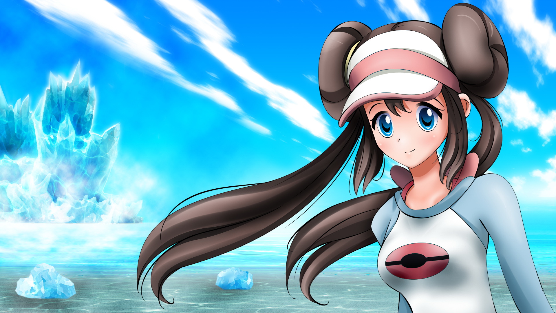 video game, pokemon: black and white 2, blue eyes, blush, brown hair, cap, ice, long hair, pokémon, rosa (pokemon), sky, smile