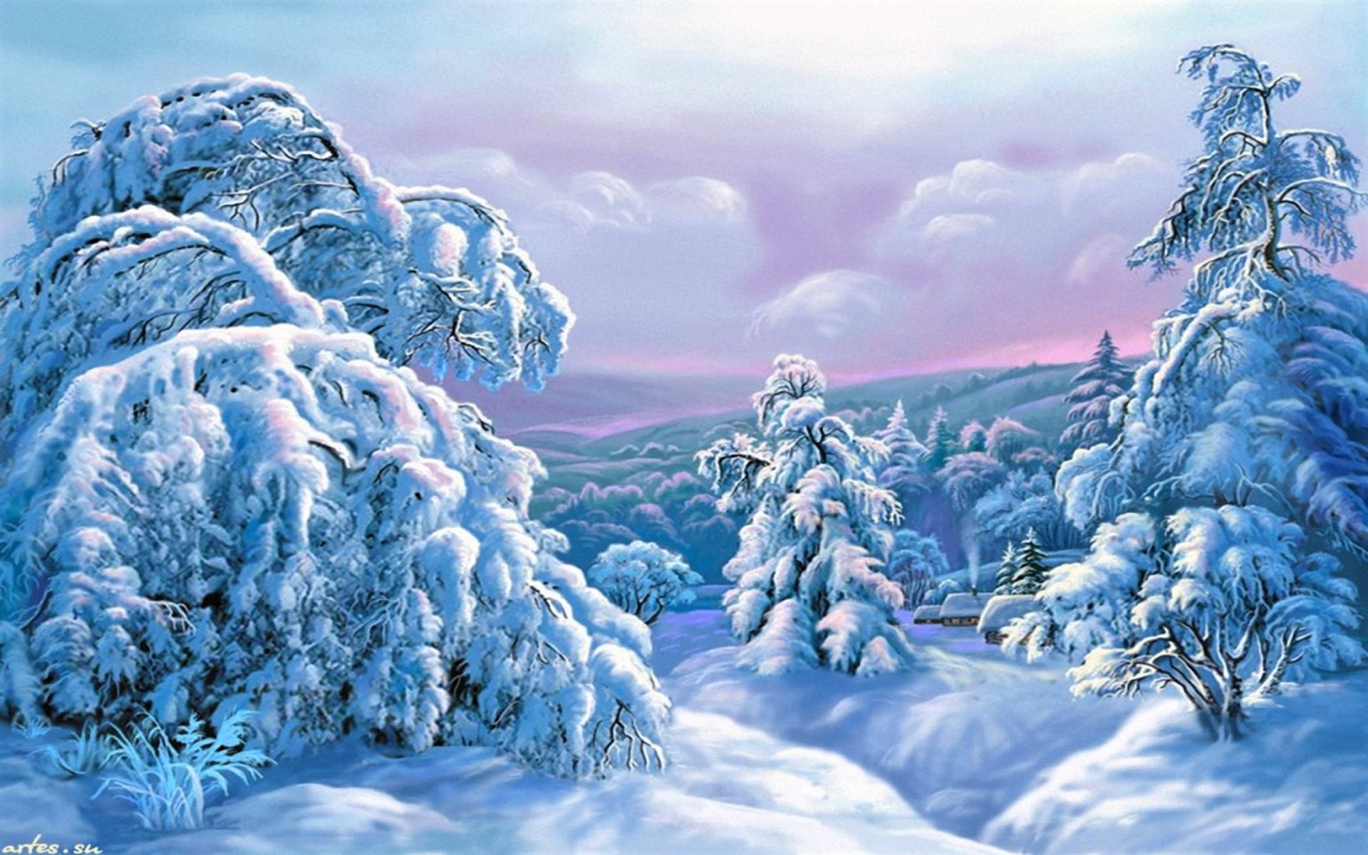 Laden Sie das Landschaft, Winter, Schnee, Wald, Baum, Malerei, Künstlerisch-Bild kostenlos auf Ihren PC-Desktop herunter