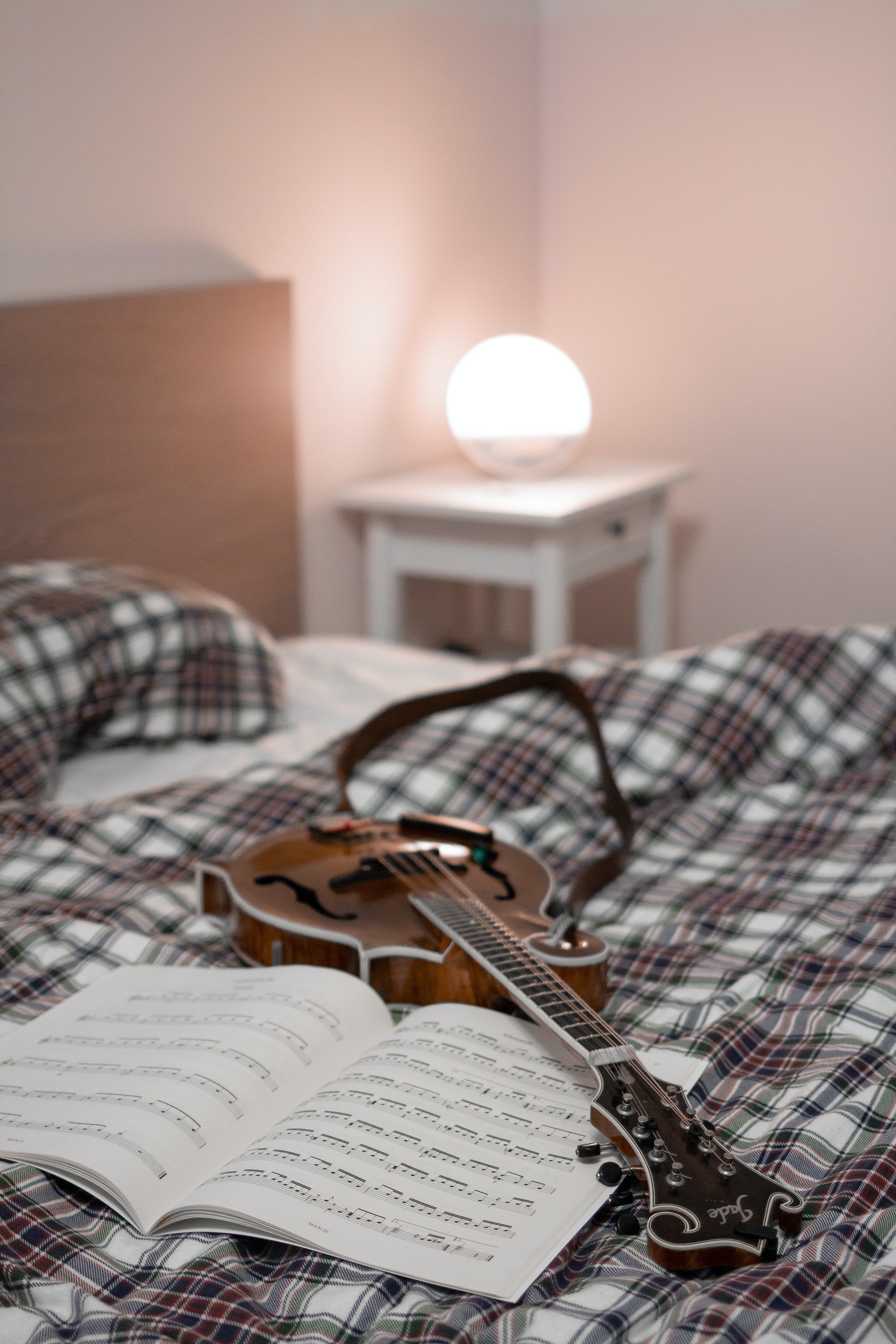 electric guitar, guitar, music, lamp, bed, notes