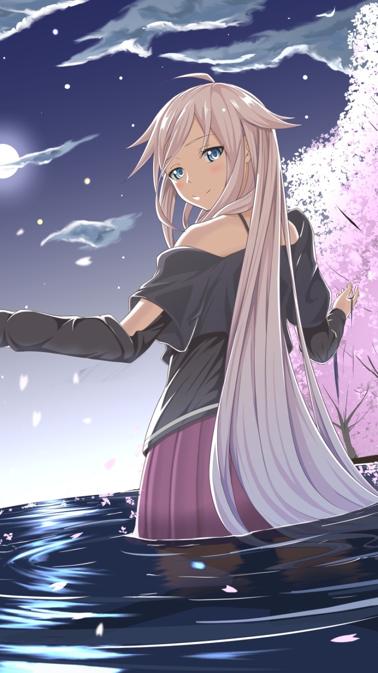 Download mobile wallpaper Anime, Water, Moon, Cloud, Vocaloid, Skirt, Blue Eyes, Cherry Blossom, Blush, Long Hair, White Hair, Ia (Vocaloid) for free.