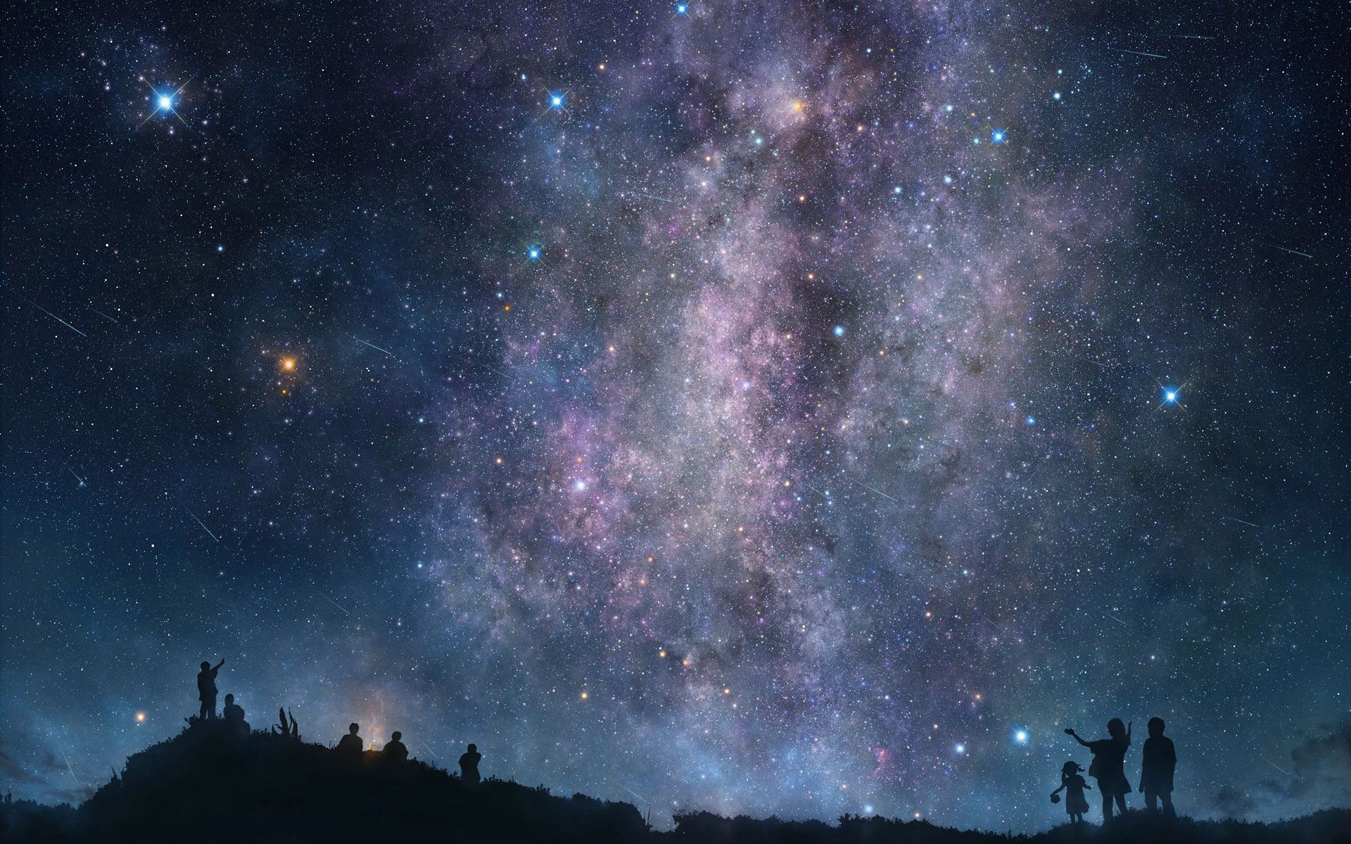Laden Sie das Menschen, Sterne, Silhouette, Himmel, Künstlerisch, Galaxie, Sternenklarer Himmel-Bild kostenlos auf Ihren PC-Desktop herunter