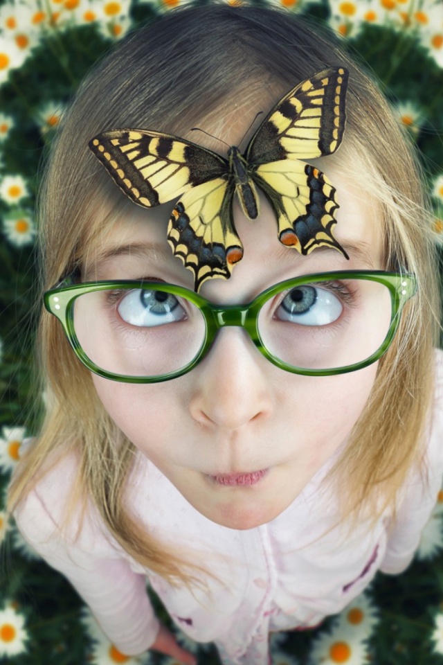 Download mobile wallpaper Flower, Butterfly, Child, Blonde, Glasses, Face, Blue Eyes, Humor for free.