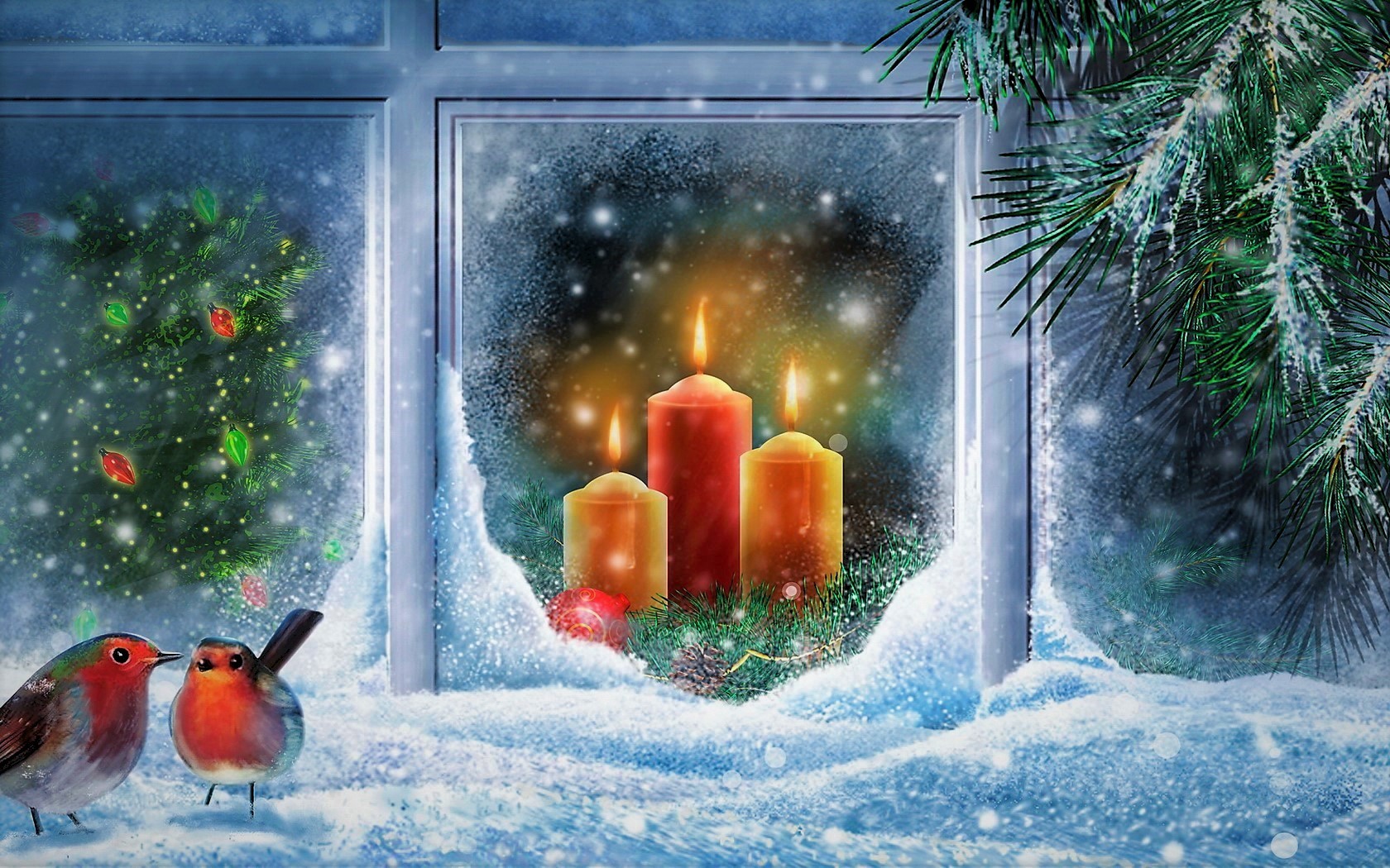 Téléchargez des papiers peints mobile Noël, Lumière, Oiseau, Vacances, Fenêtre, Bougie, Neiger gratuitement.