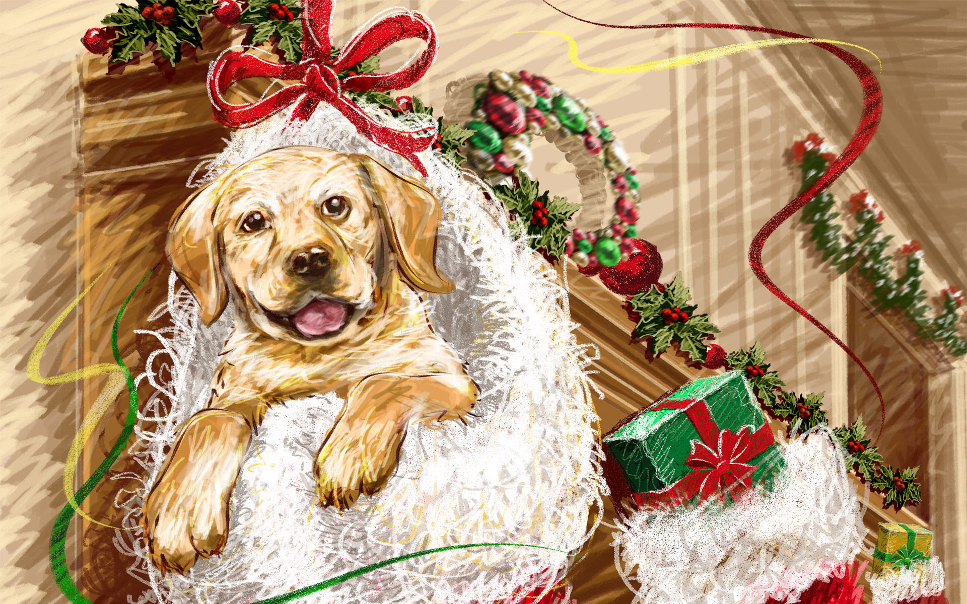 Download mobile wallpaper Gift, Drawing, Christmas Ornaments, Christmas, Dog, Holiday for free.