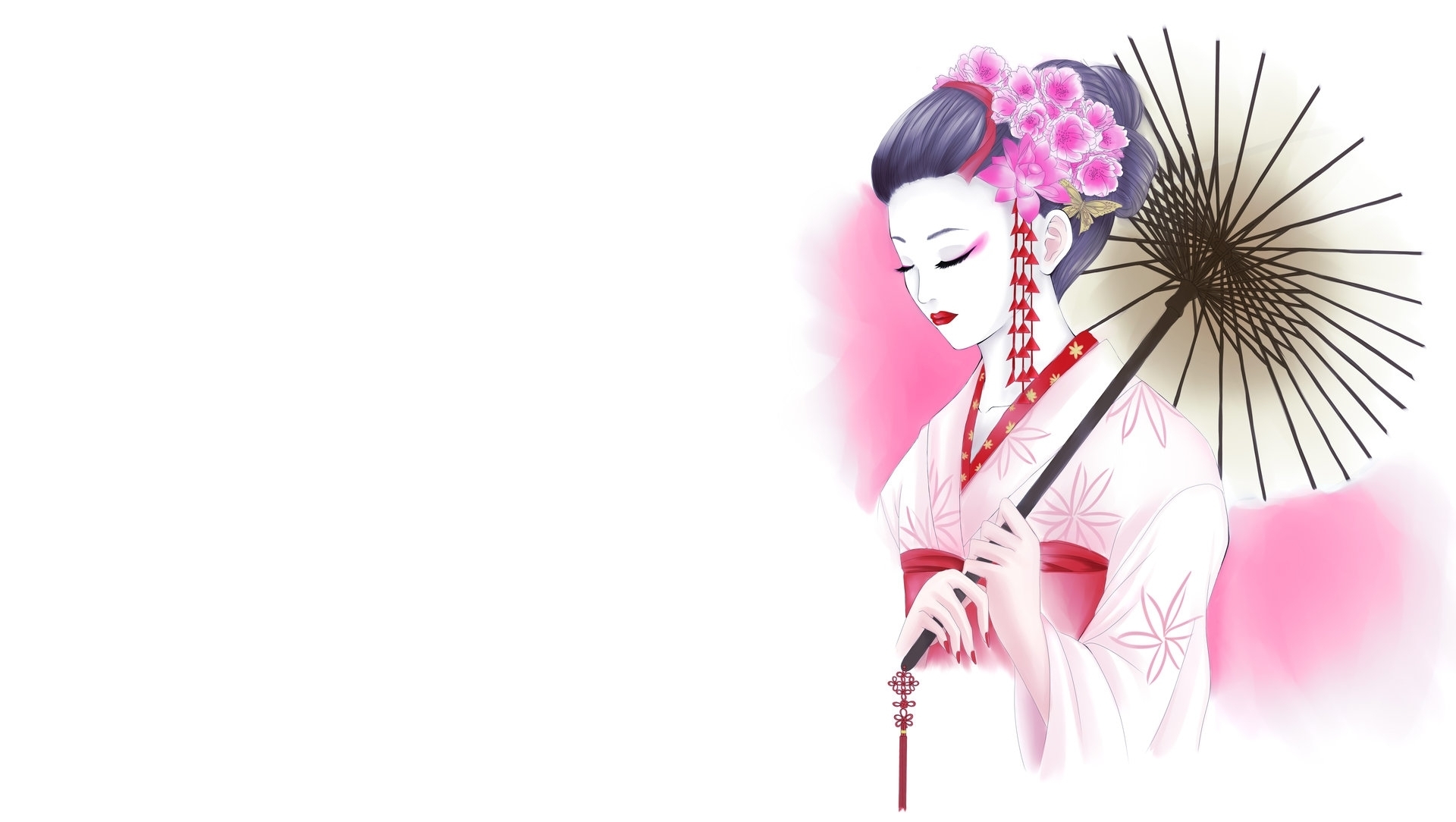540482 скачать картинку гейша, художественные, восточный, цветок, кимоно, шаблоны, зонтики, белый - обои и заставки бесплатно