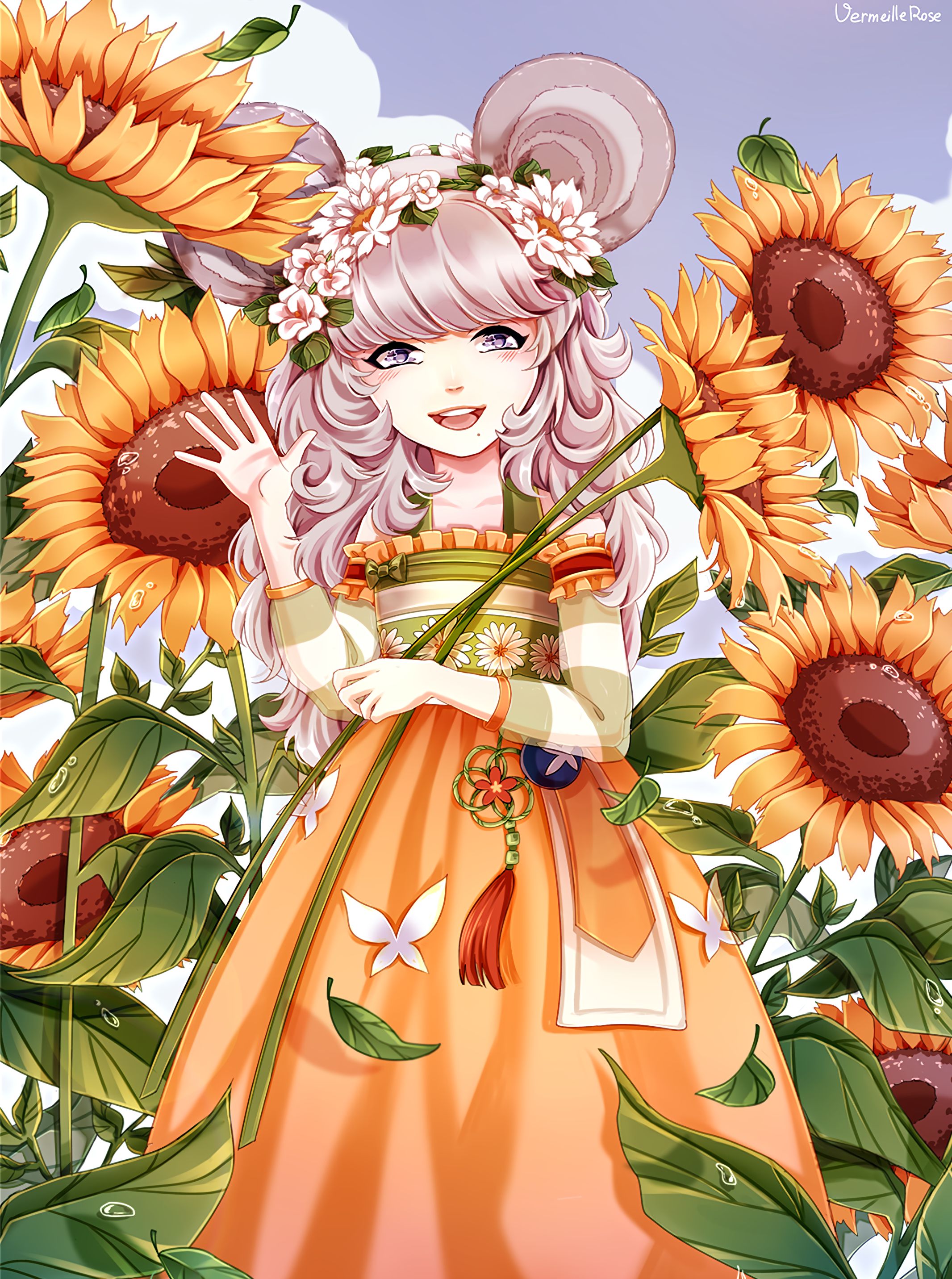 Handy-Wallpaper Sonnenblumen, Das Mädchen, Kunst, Mädchen, Anime kostenlos herunterladen.