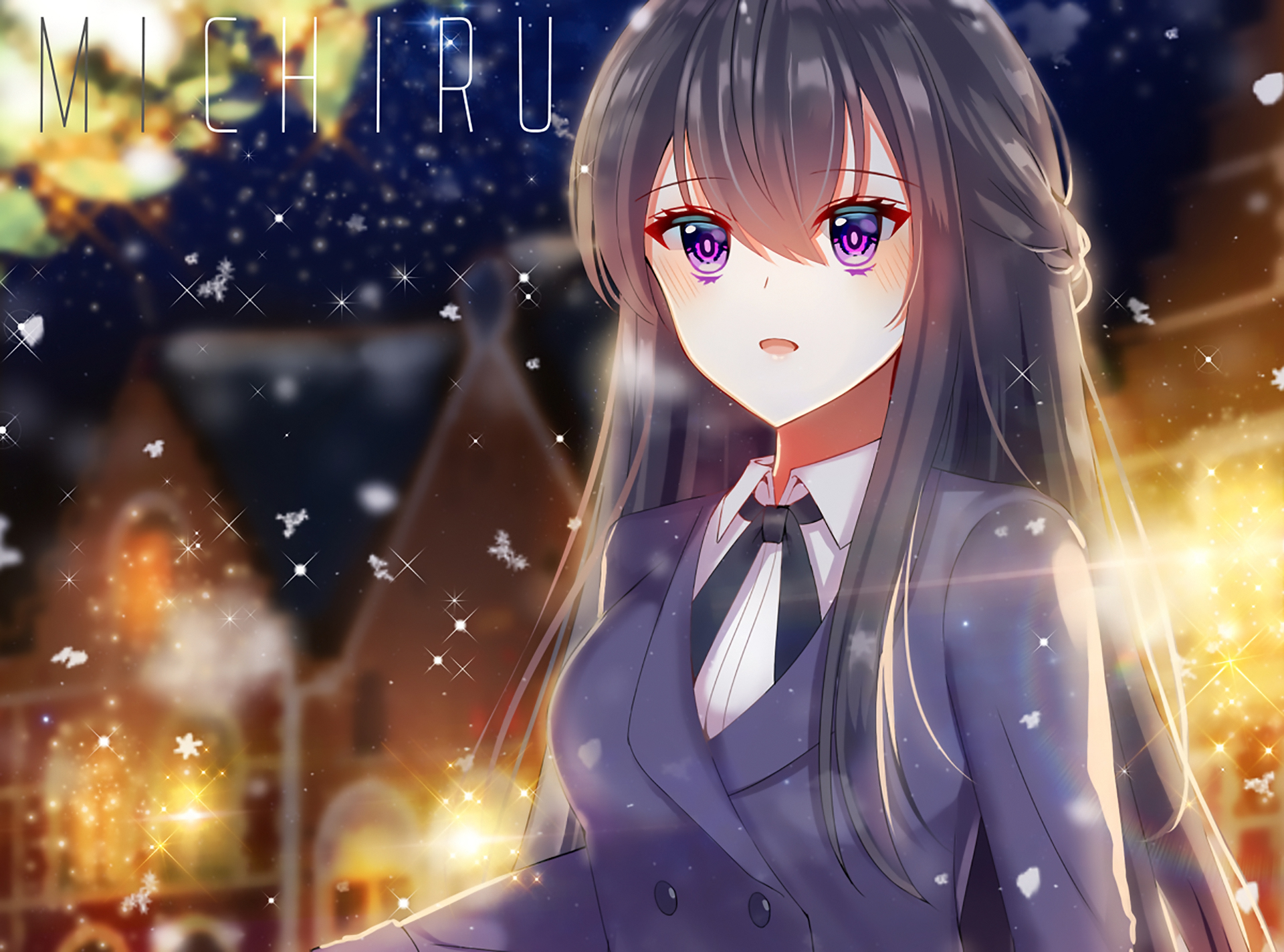 Download mobile wallpaper Anime, Snow, Original, Black Hair, Long Hair, Purple Eyes for free.