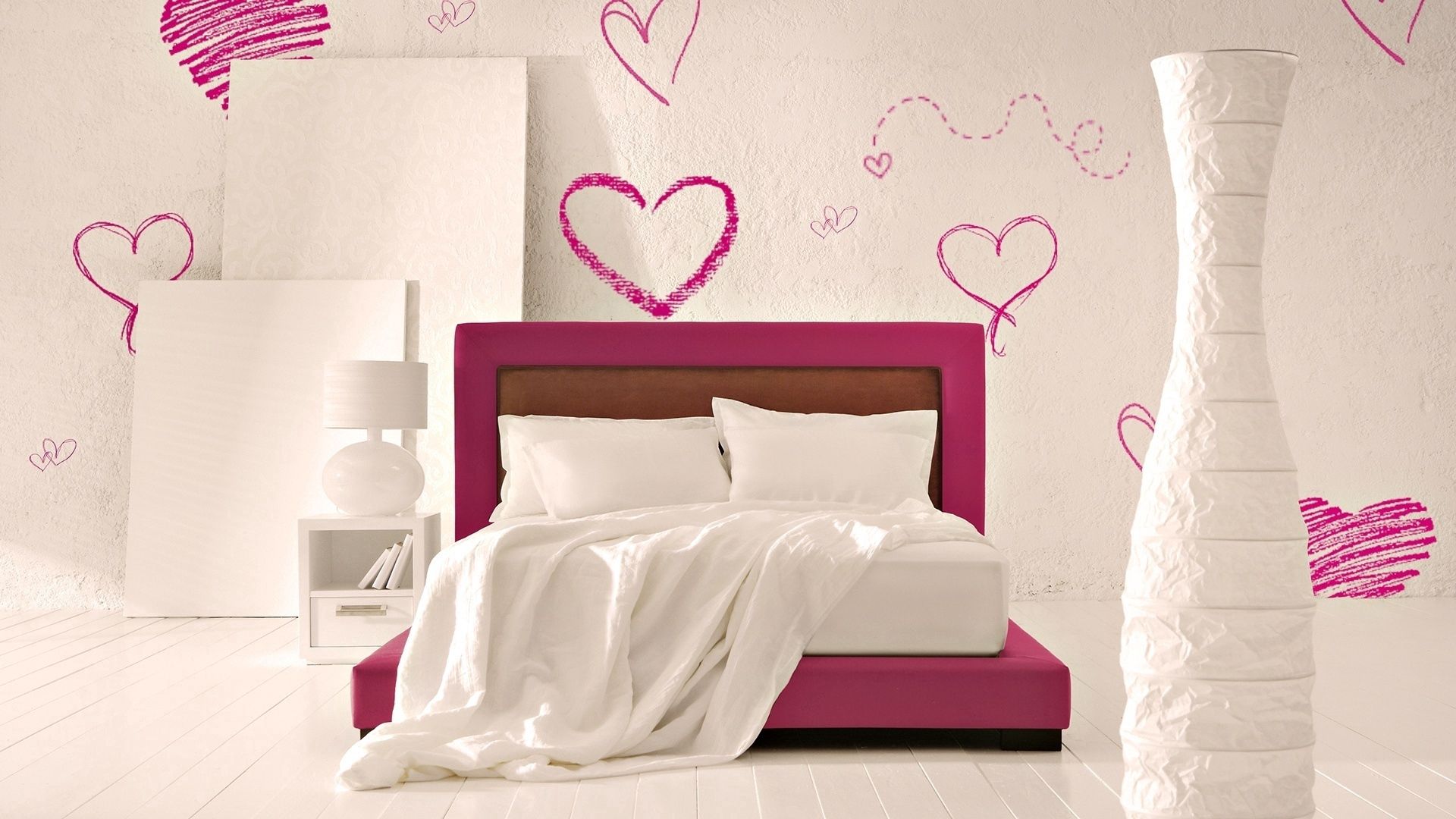 Free download wallpaper Miscellanea, Miscellaneous, Design, Room, Bed, Heart, Romance on your PC desktop
