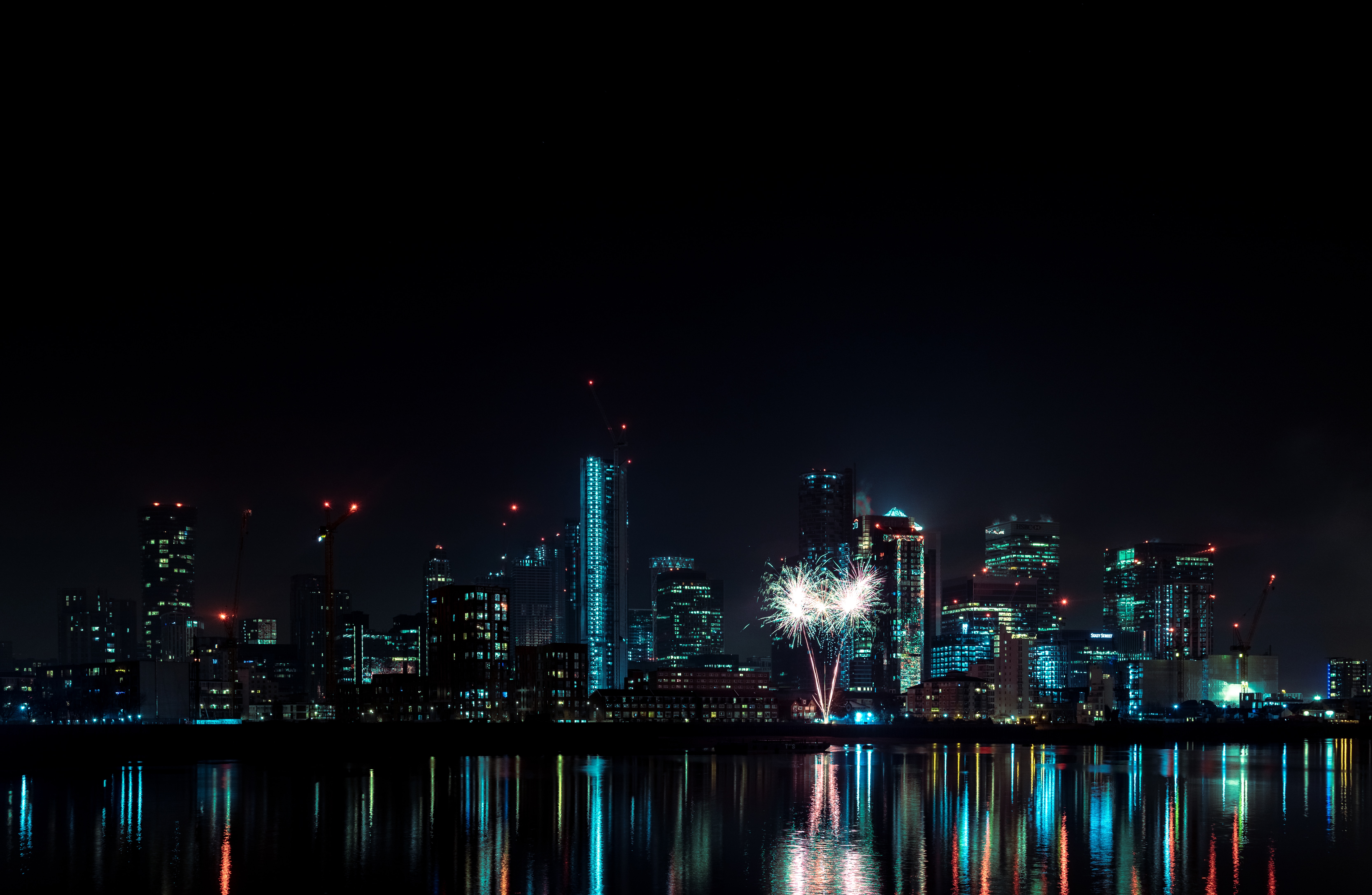 night city, fireworks, cities, water, building, reflection, firework QHD