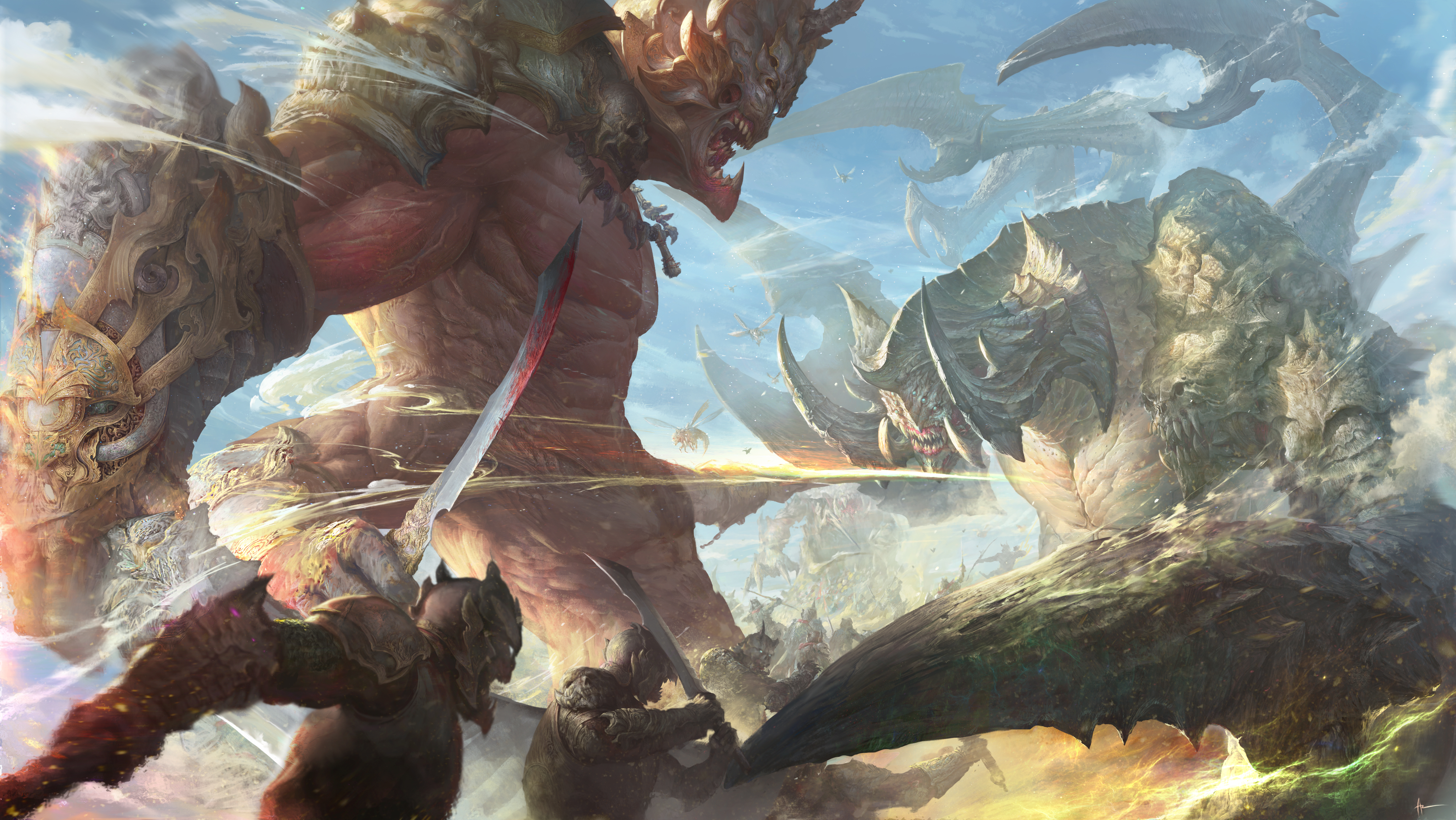 Free download wallpaper Fantasy, Warrior, Creature, Battle, Giant on your PC desktop