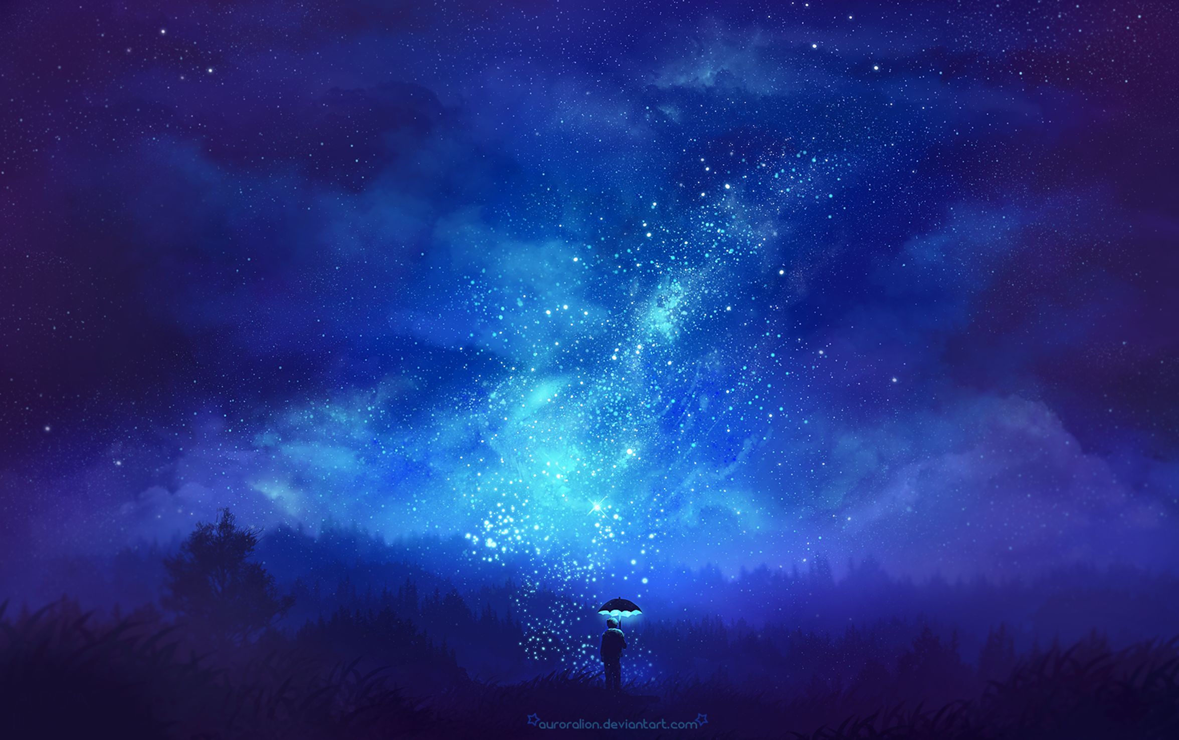 Free download wallpaper Anime, Fantasy, Sky, Stars, Night, Umbrella, Original on your PC desktop