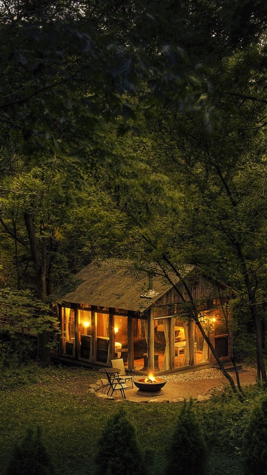 Download mobile wallpaper Night, Light, Wood, Forest, Cabin, Man Made for free.