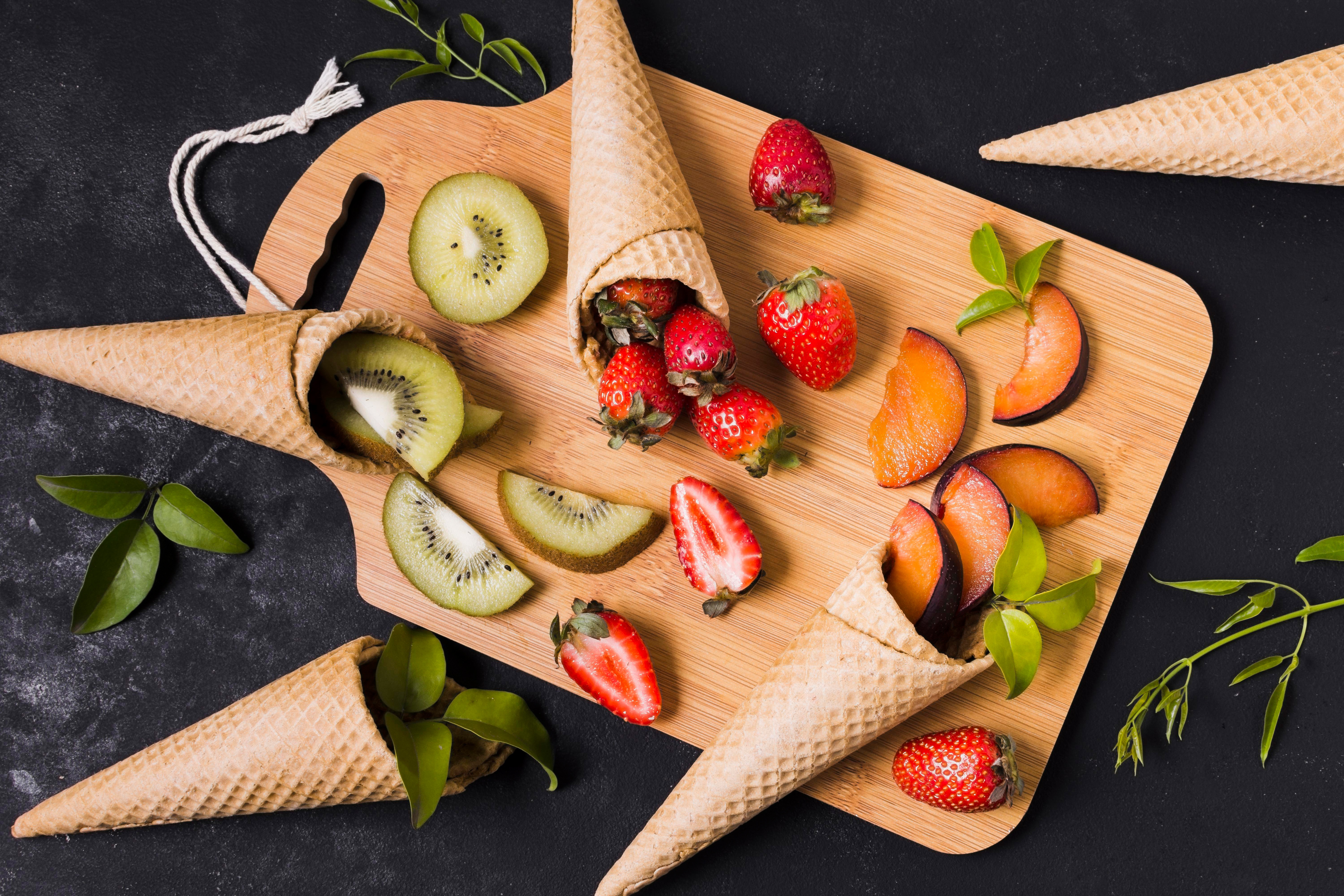 Free download wallpaper Fruits, Food, Strawberry, Kiwi, Still Life, Plum, Berry, Fruit, Waffle Cone on your PC desktop