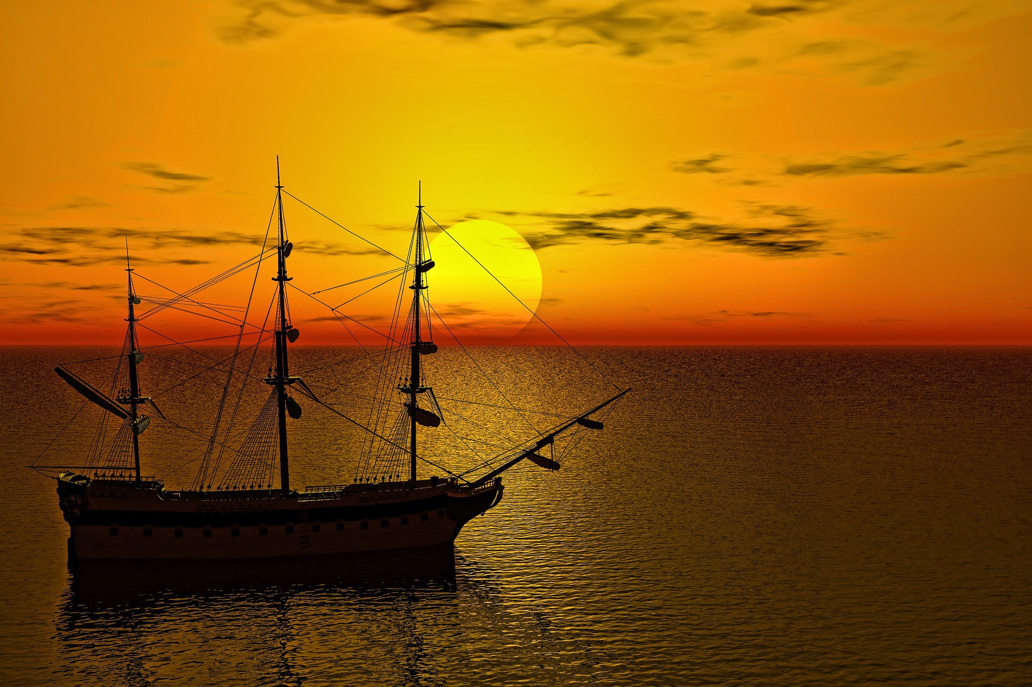 PCデスクトップに海, 夜明け, 輸送する, 太陽, 帆船, 乗り物画像を無料でダウンロード