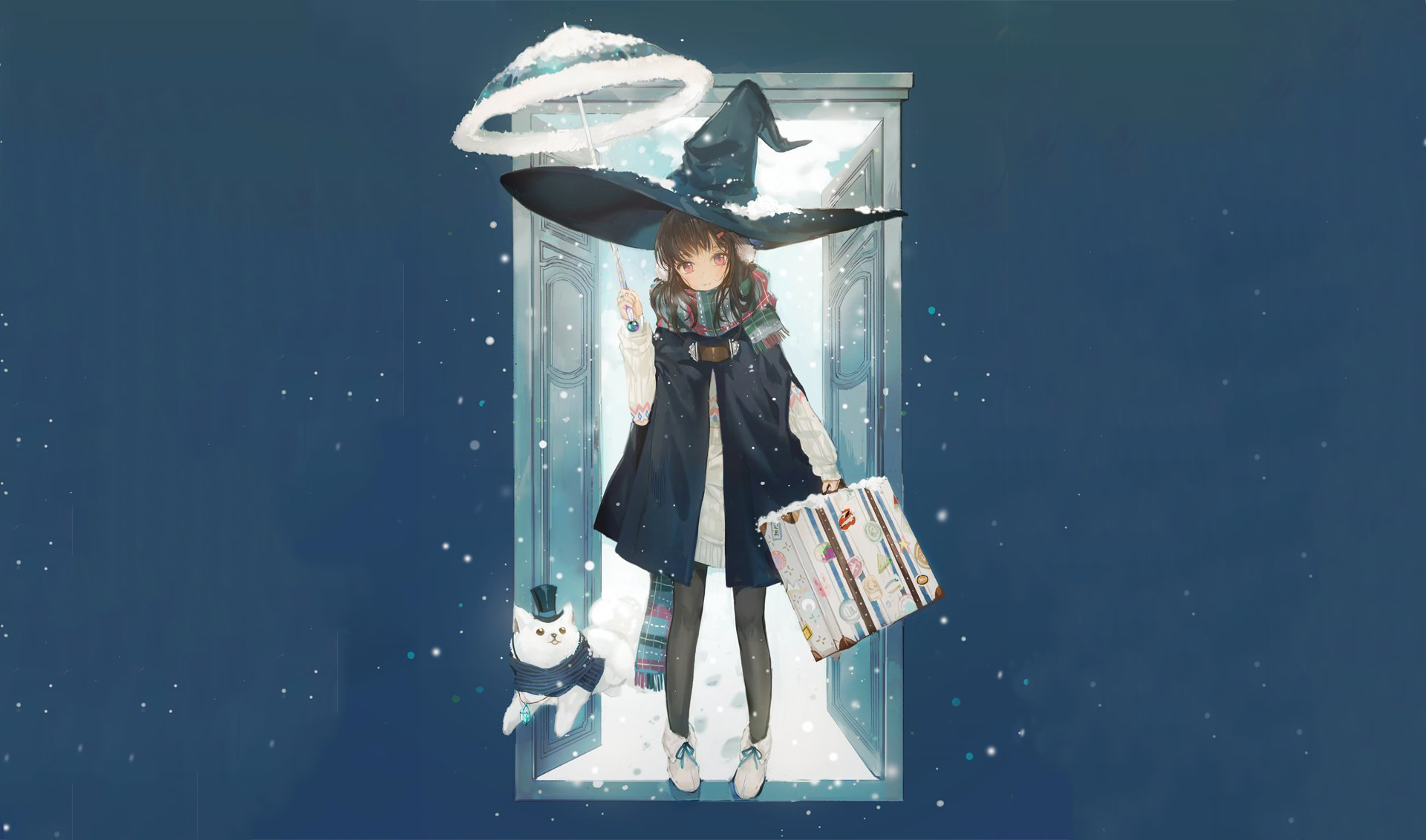 Download mobile wallpaper Anime, Snow, Cat, Umbrella, Door, Hat, Scarf, Original for free.