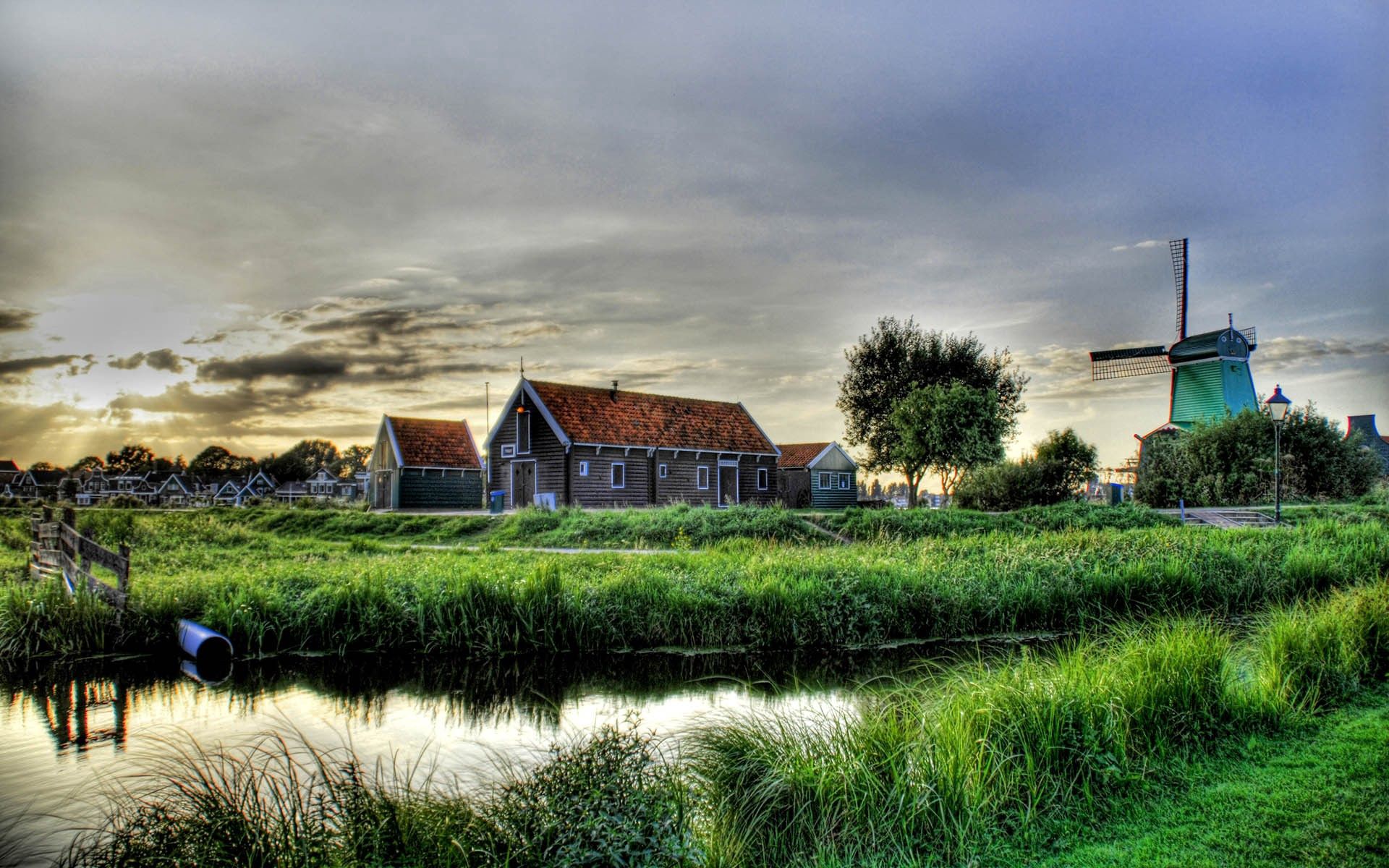 Free download wallpaper Cities, Grass, Lake, Village, Hdr, Mill, House on your PC desktop