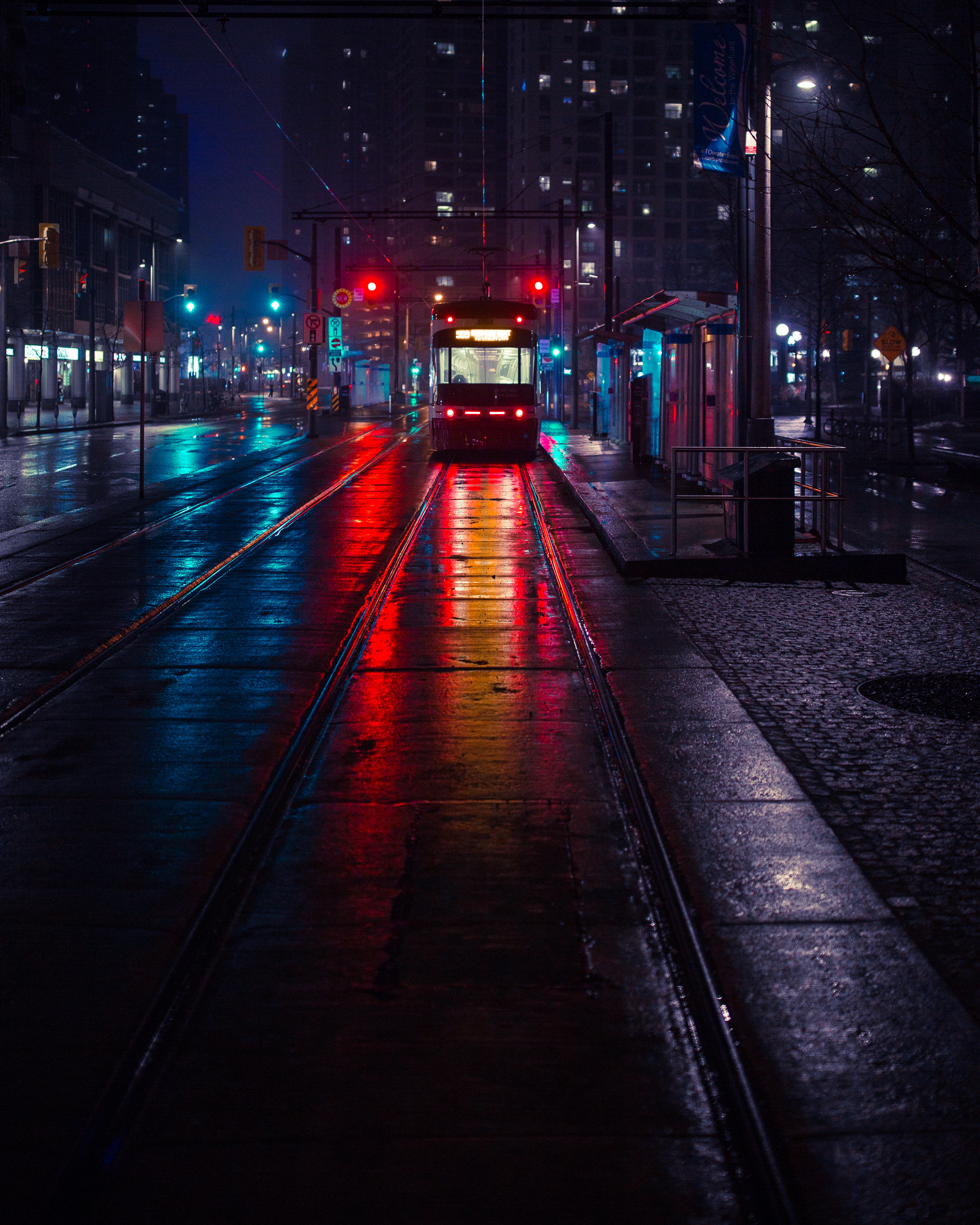 cities, lighting, stop, city, evening, illumination, trolleybus