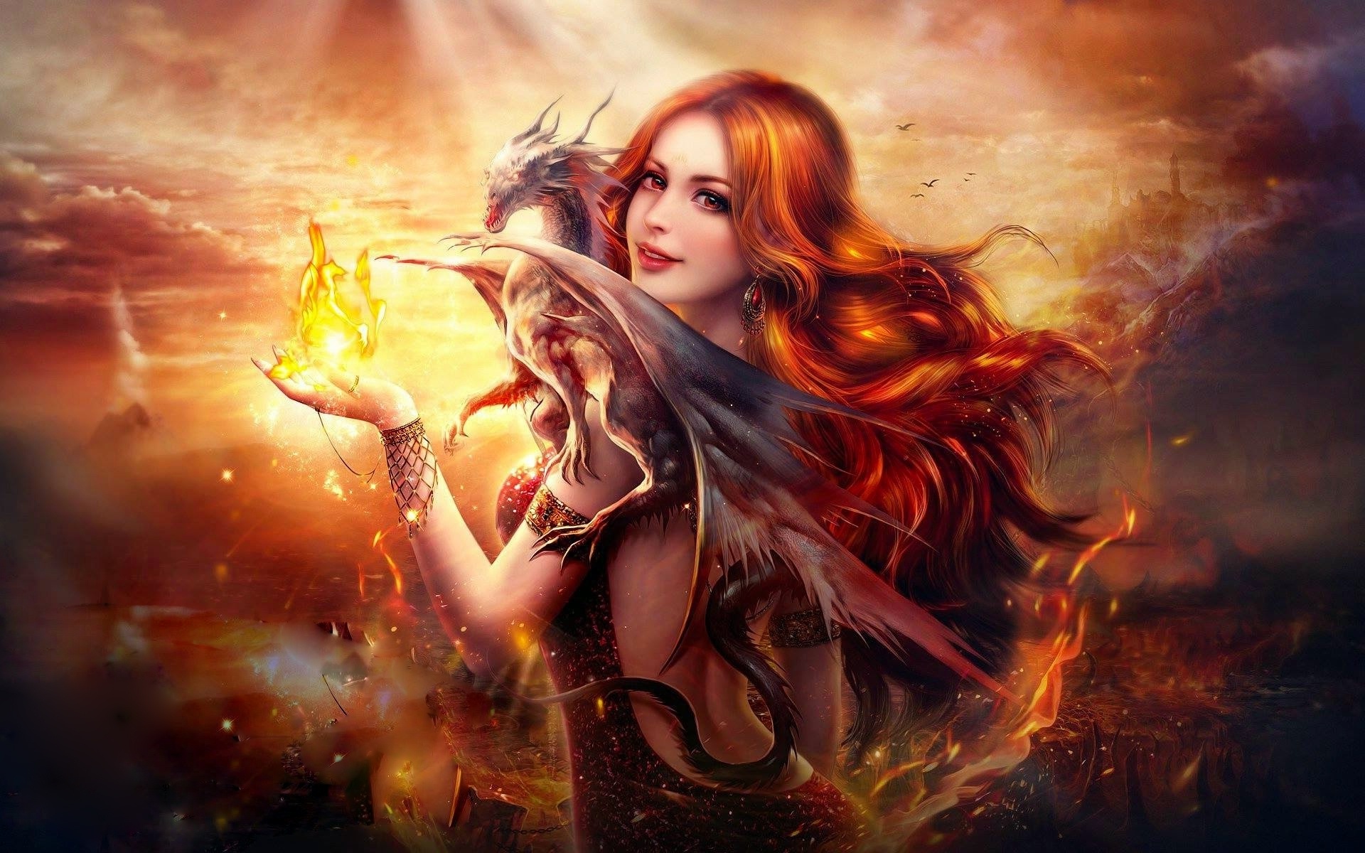 無料モバイル壁紙ファンタジー, 赤毛, ドラゴン, 魔法, 女性, 火をダウンロードします。